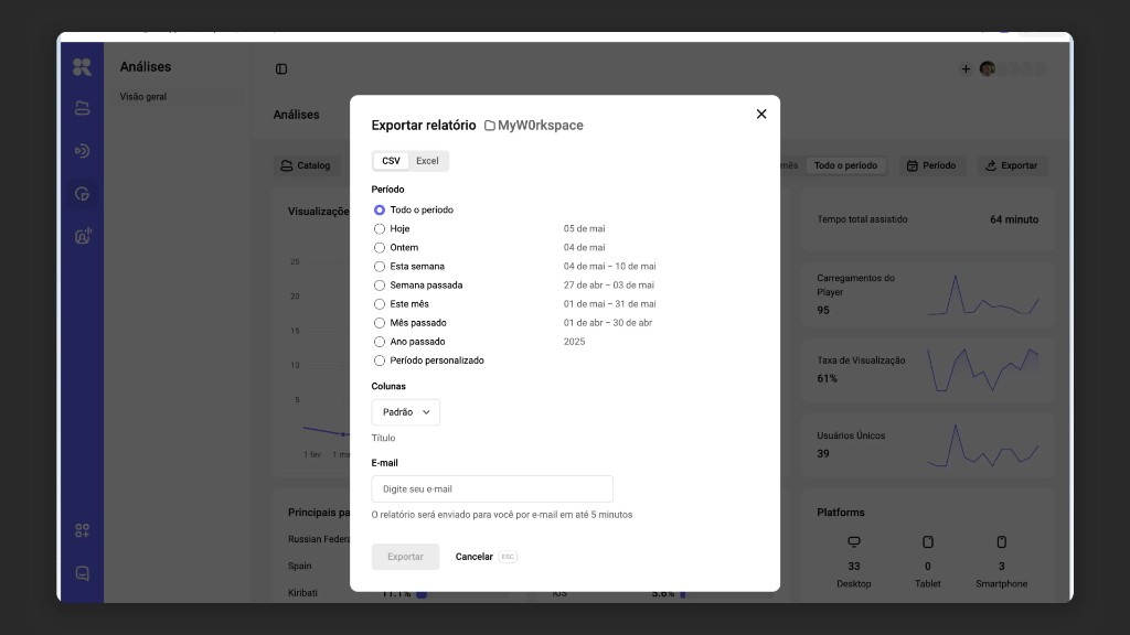 Janela &ldquo;Exportar relatório&rdquo;: formato, período, colunas e e-mail