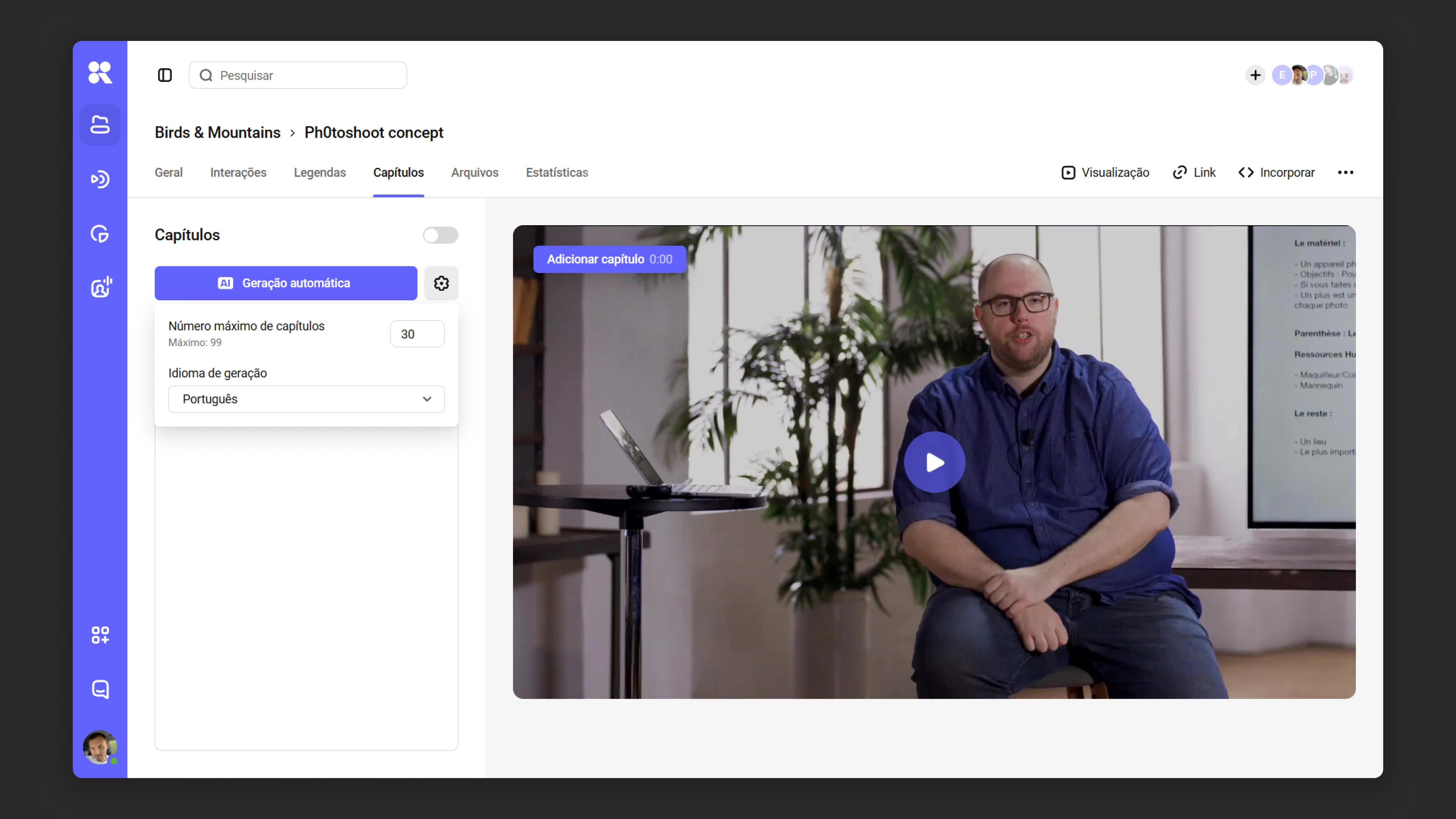 Autogeração de capítulos nas configurações do vídeo
