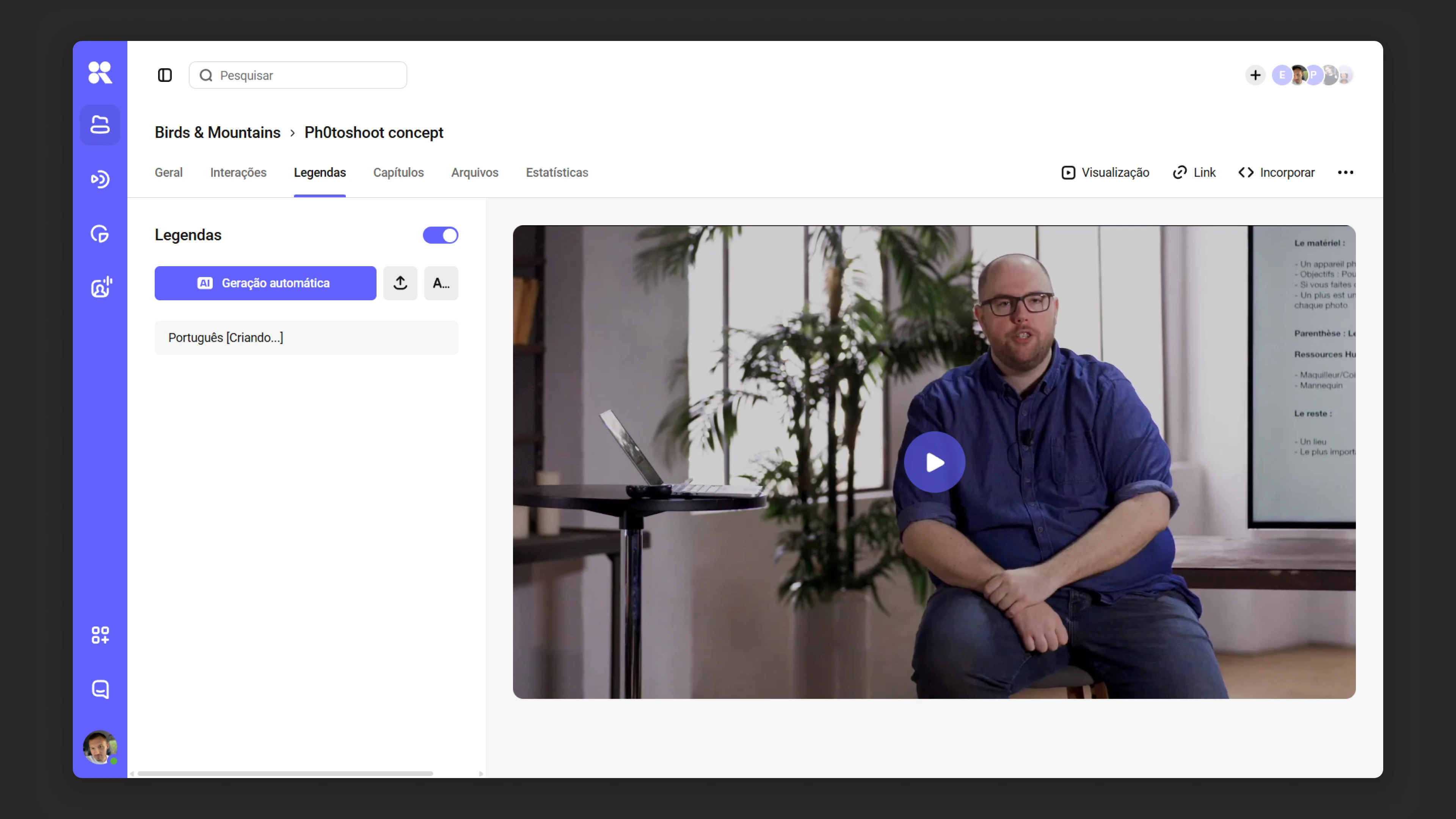 Autogeração de legendas nas configurações do vídeo