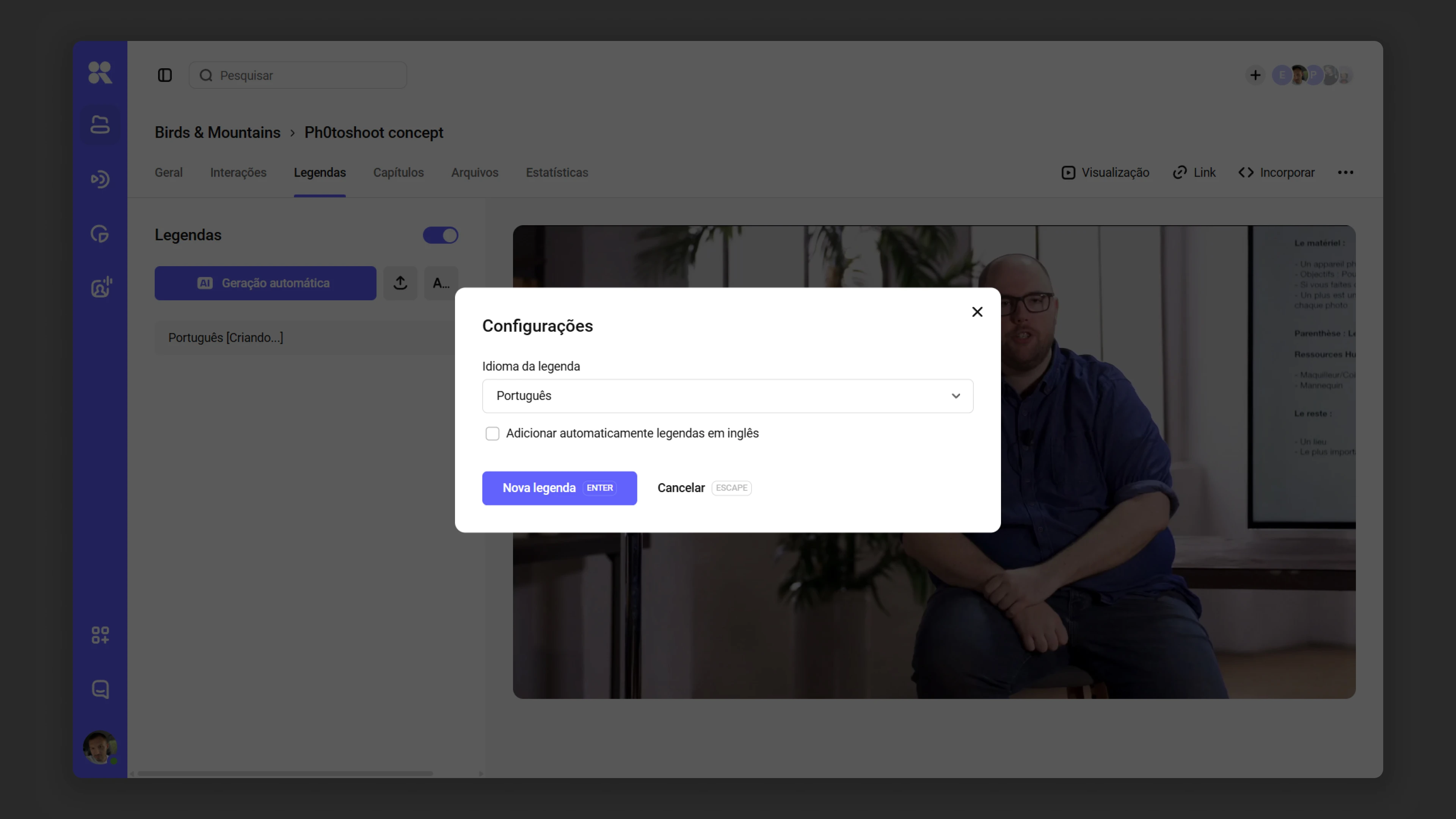 Edição de legendas e menu após a autogeração