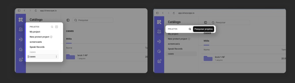 Busca na lista de projetos e arrastar e soltar para reordenar
