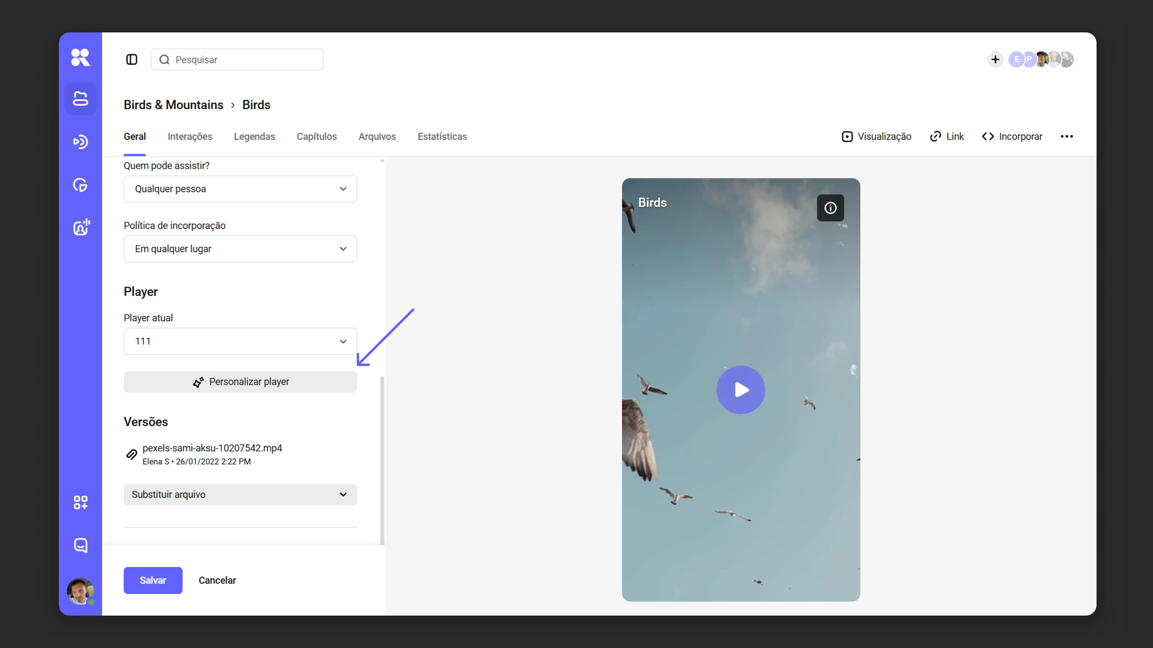 Personalizar player para um arquivo de mídia