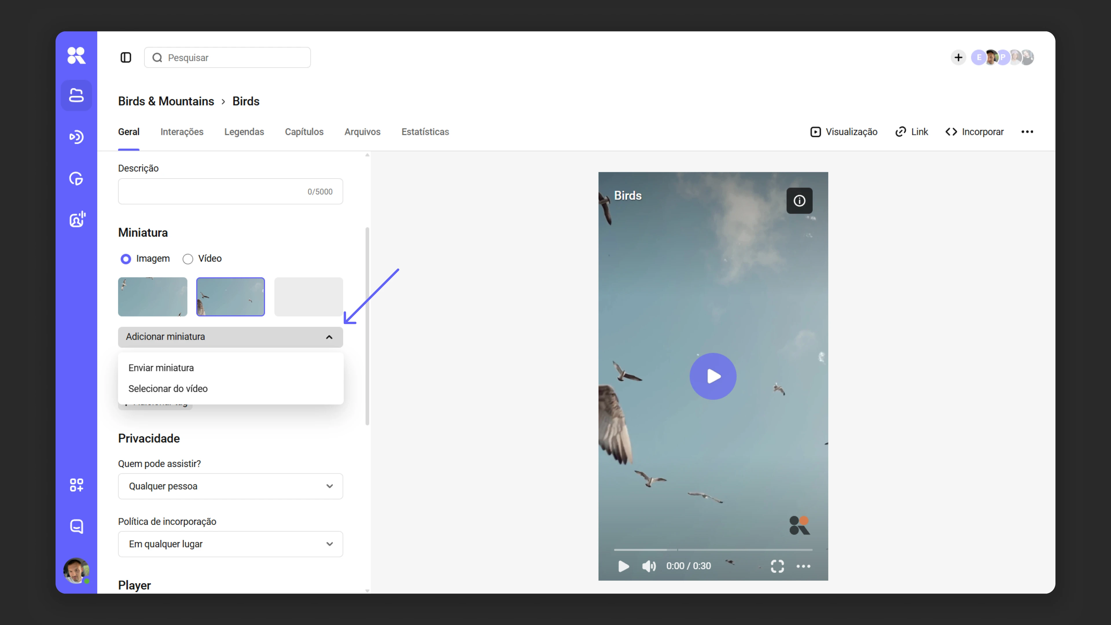 Selecionando um frame do vídeo para um poster