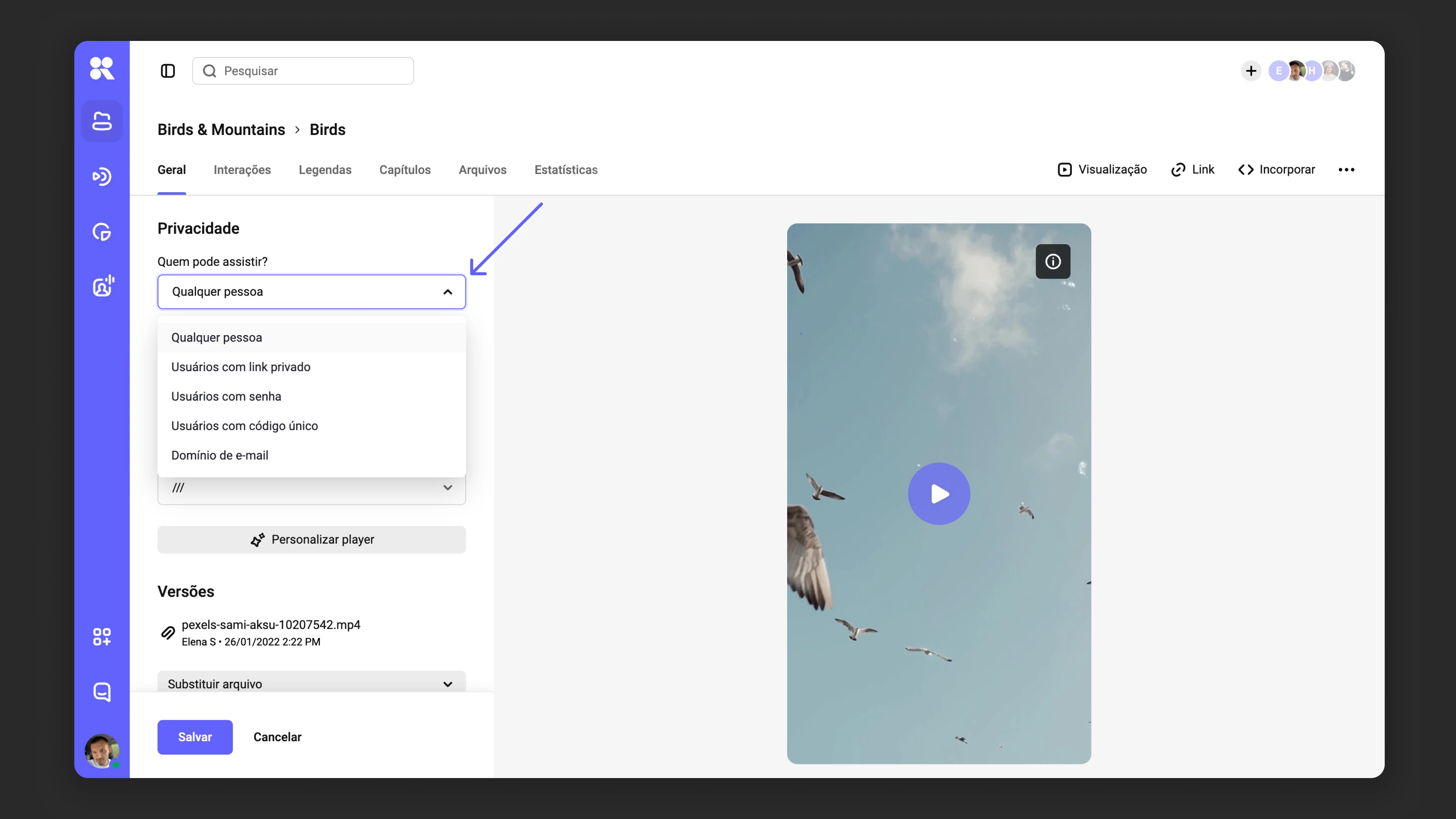 Configurações de acesso ao vídeo na configuração de privacidade