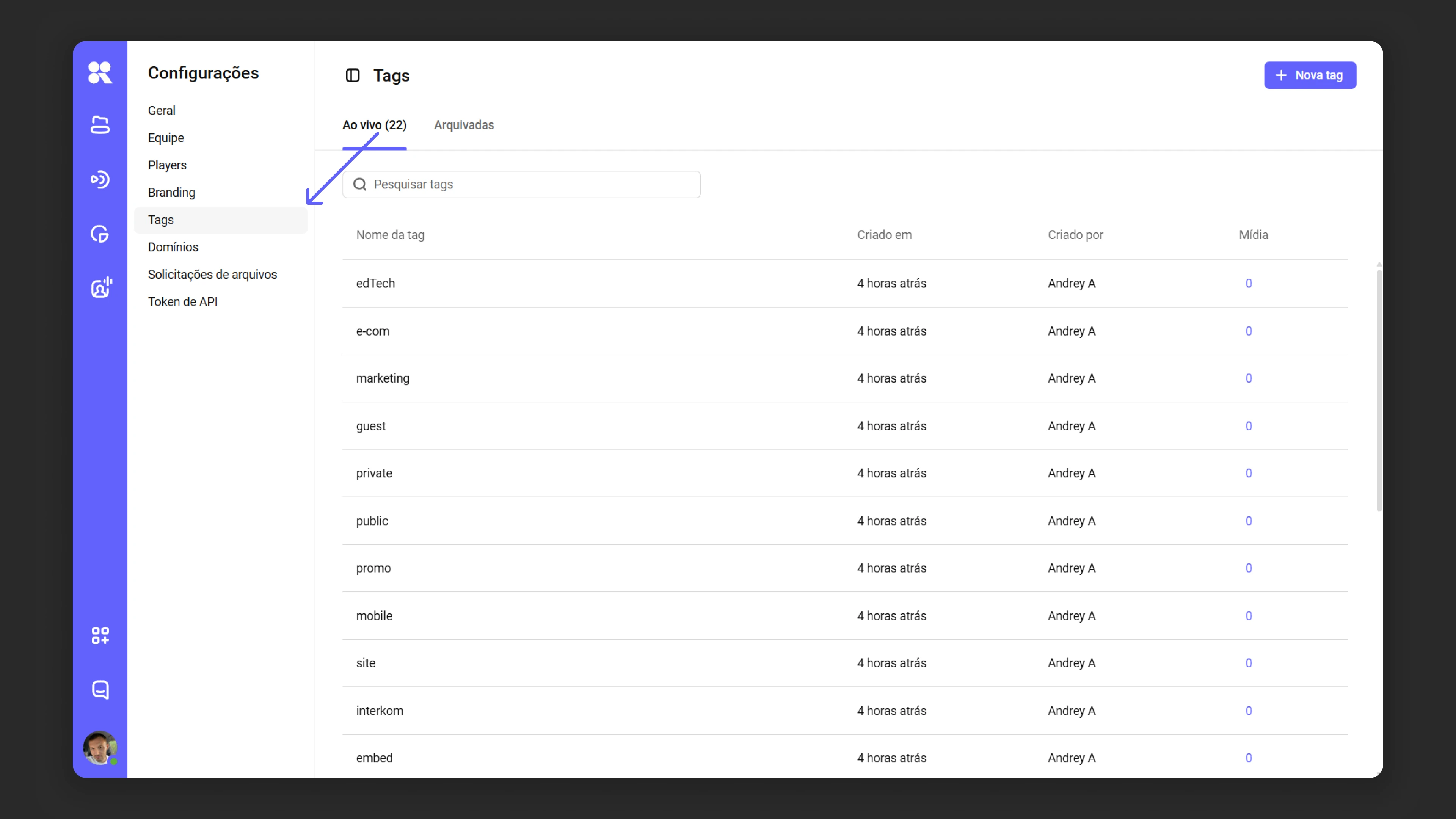 Acessando o gerenciador de tags nas configurações do perfil