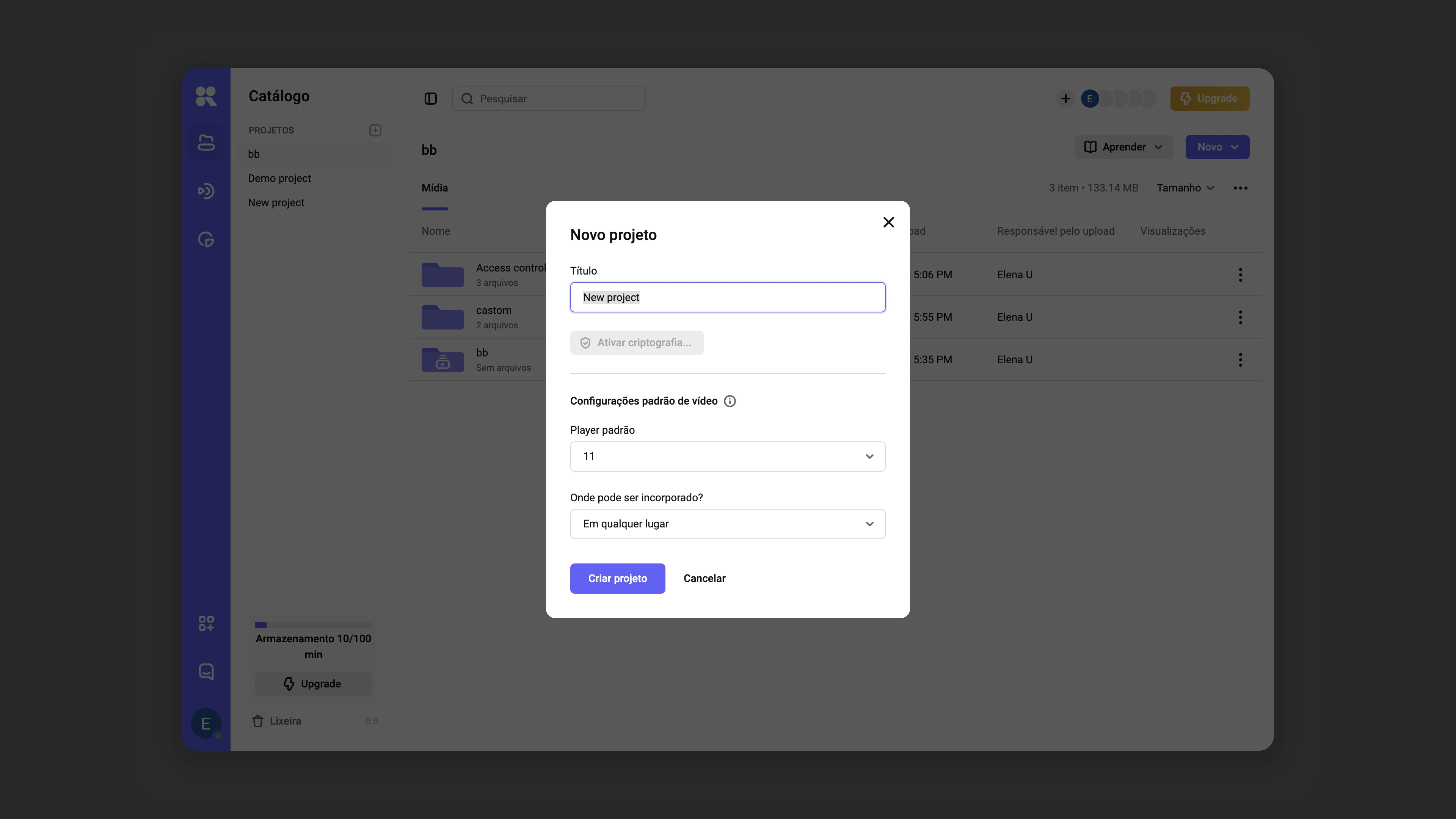 Configurações do projeto na criação