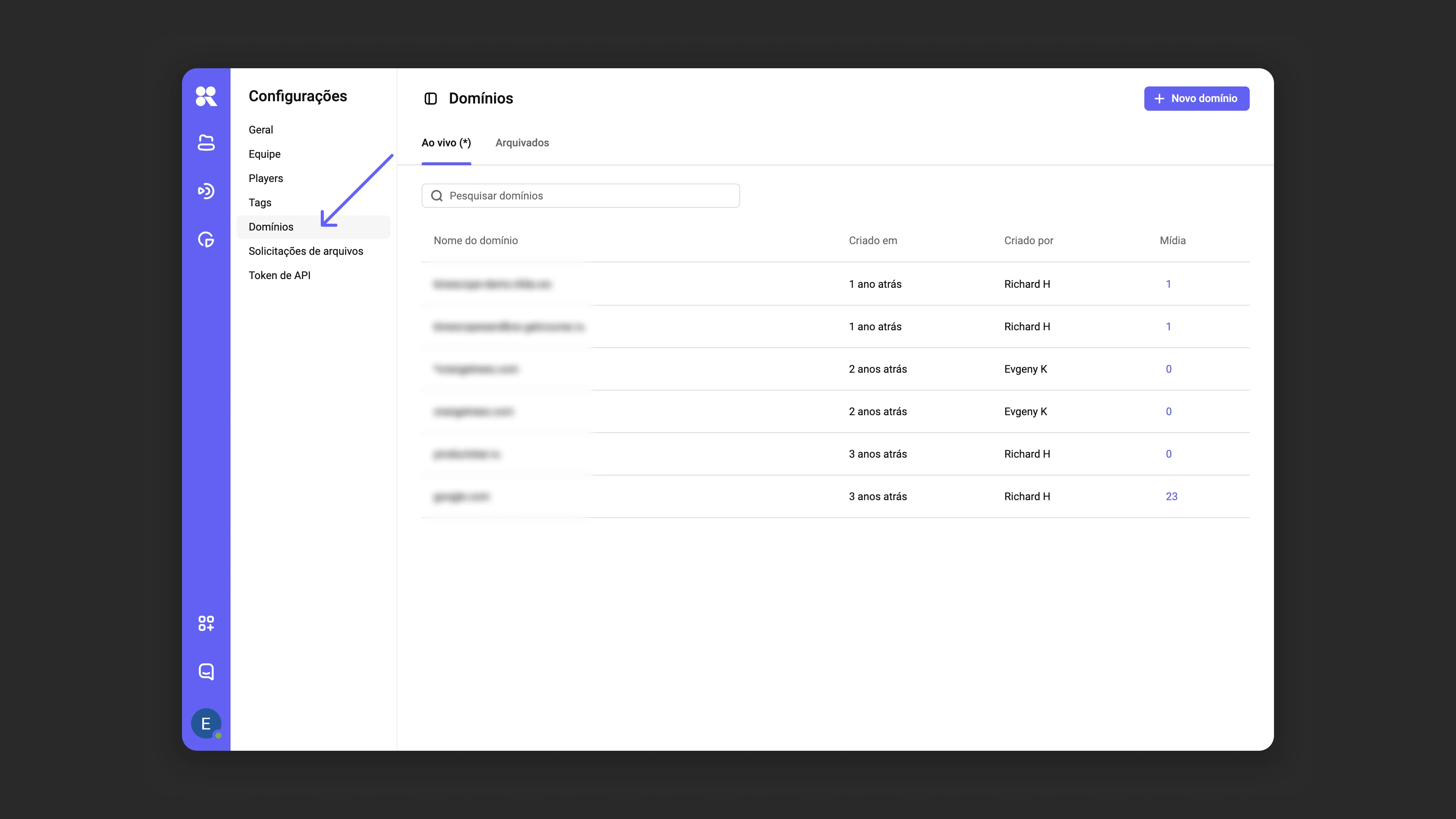 Gerenciador de domínios nas configurações