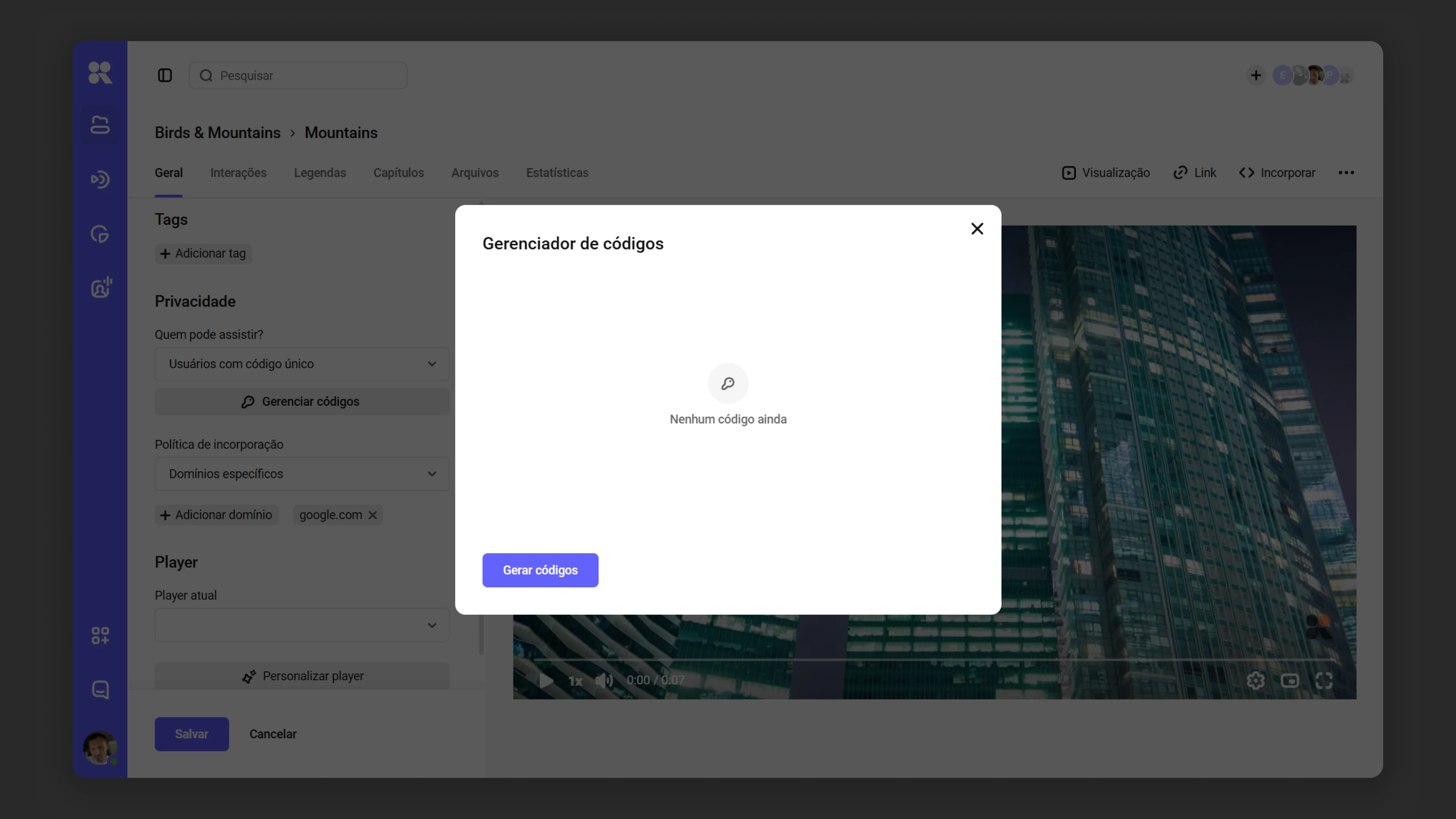 Selecionando o modo de acesso por códigos únicos