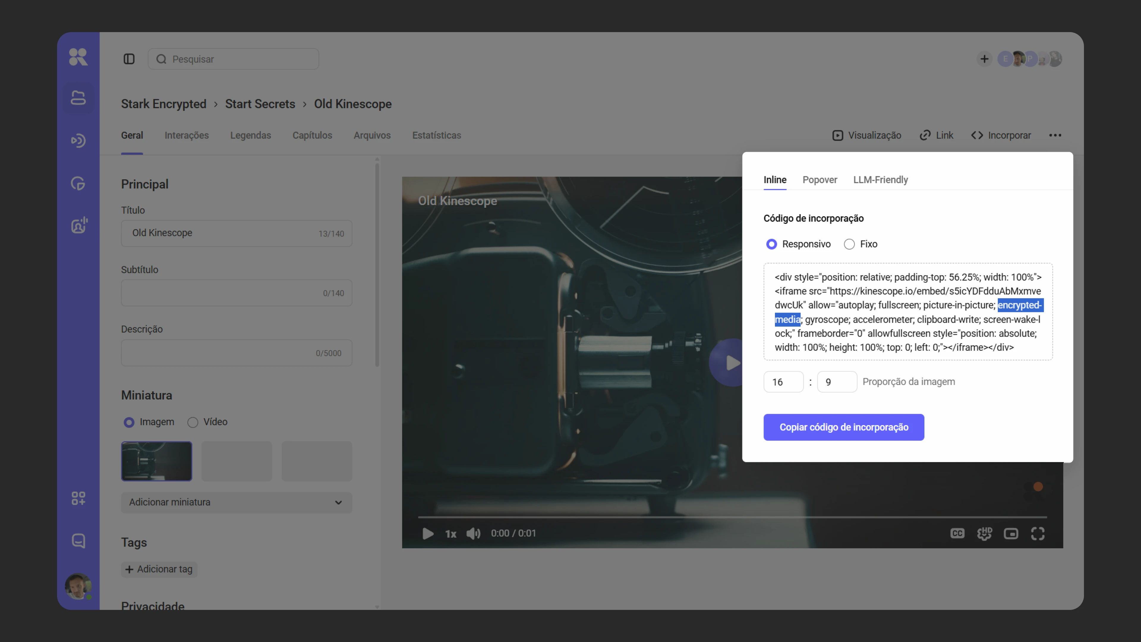 O parâmetro encrypted-media no código de incorporação