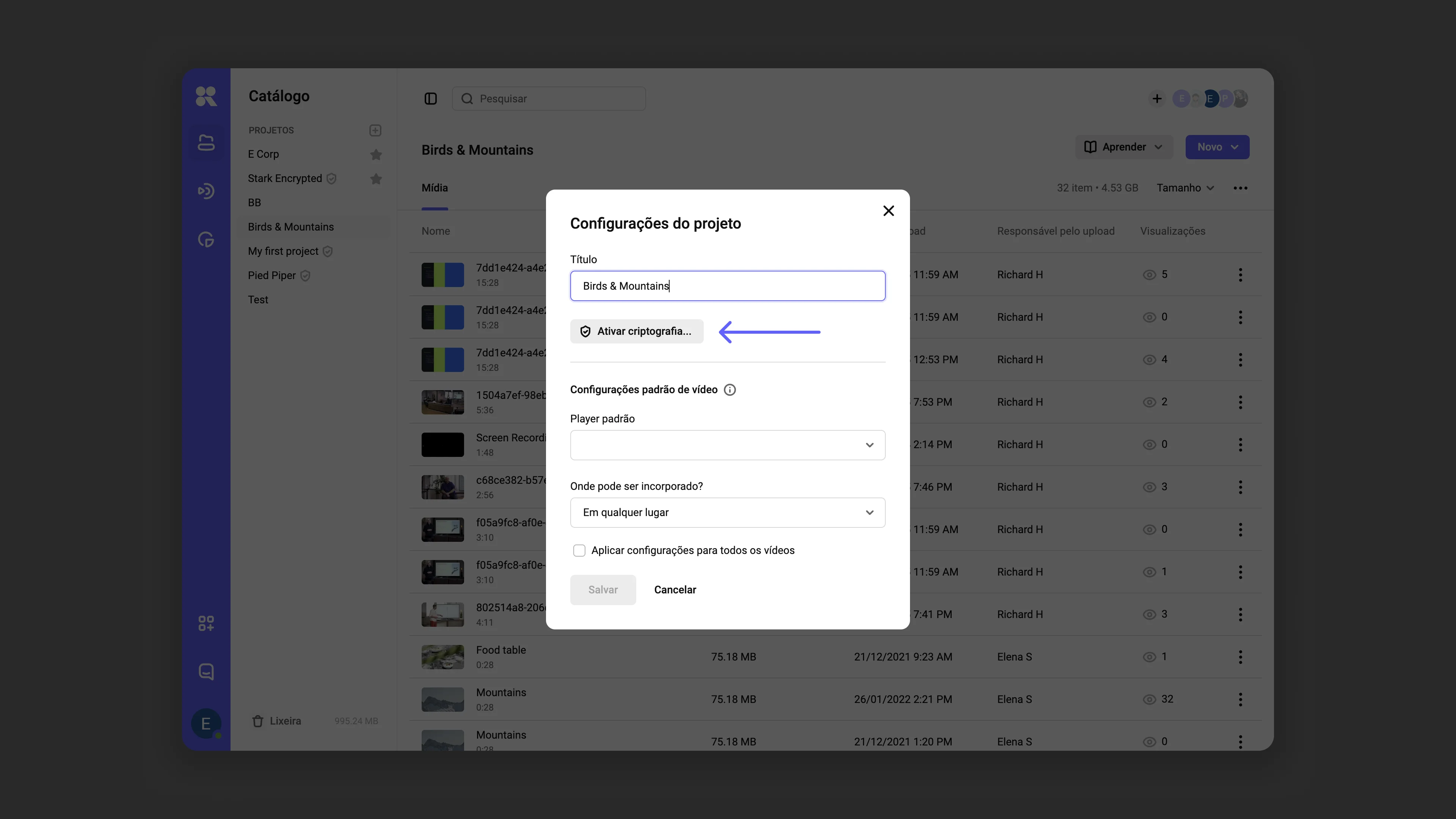 Ativando a criptografia nas configurações do projeto
