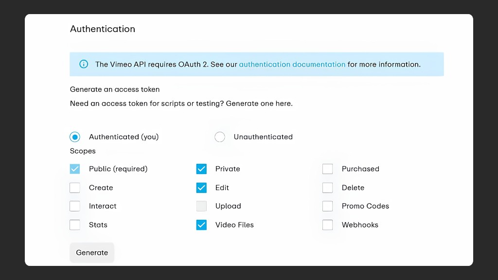 Configuração das permissões do token de API do Vimeo: permissão Edit para migração de álbuns
