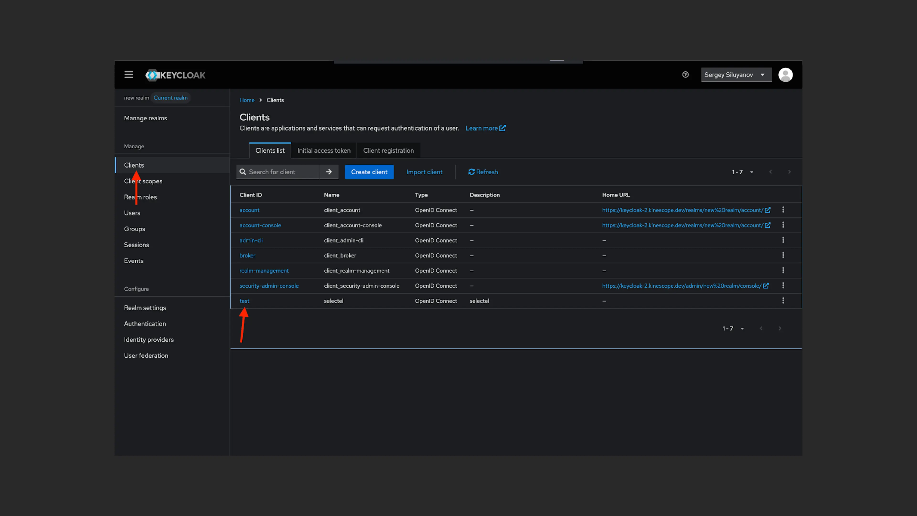 Selecionando um cliente no Keycloak
