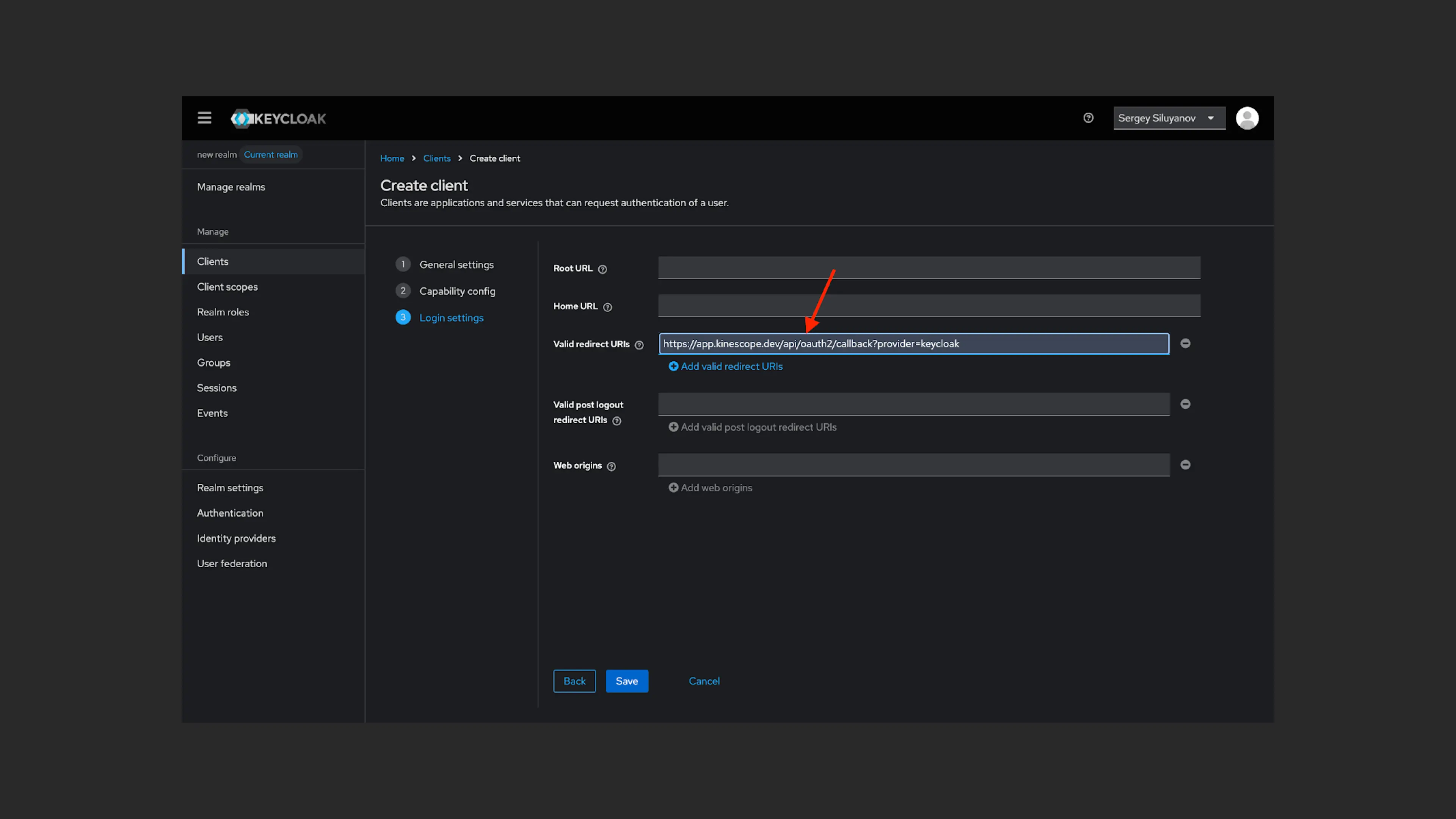 Configurando URL de redirecionamento no Keycloak