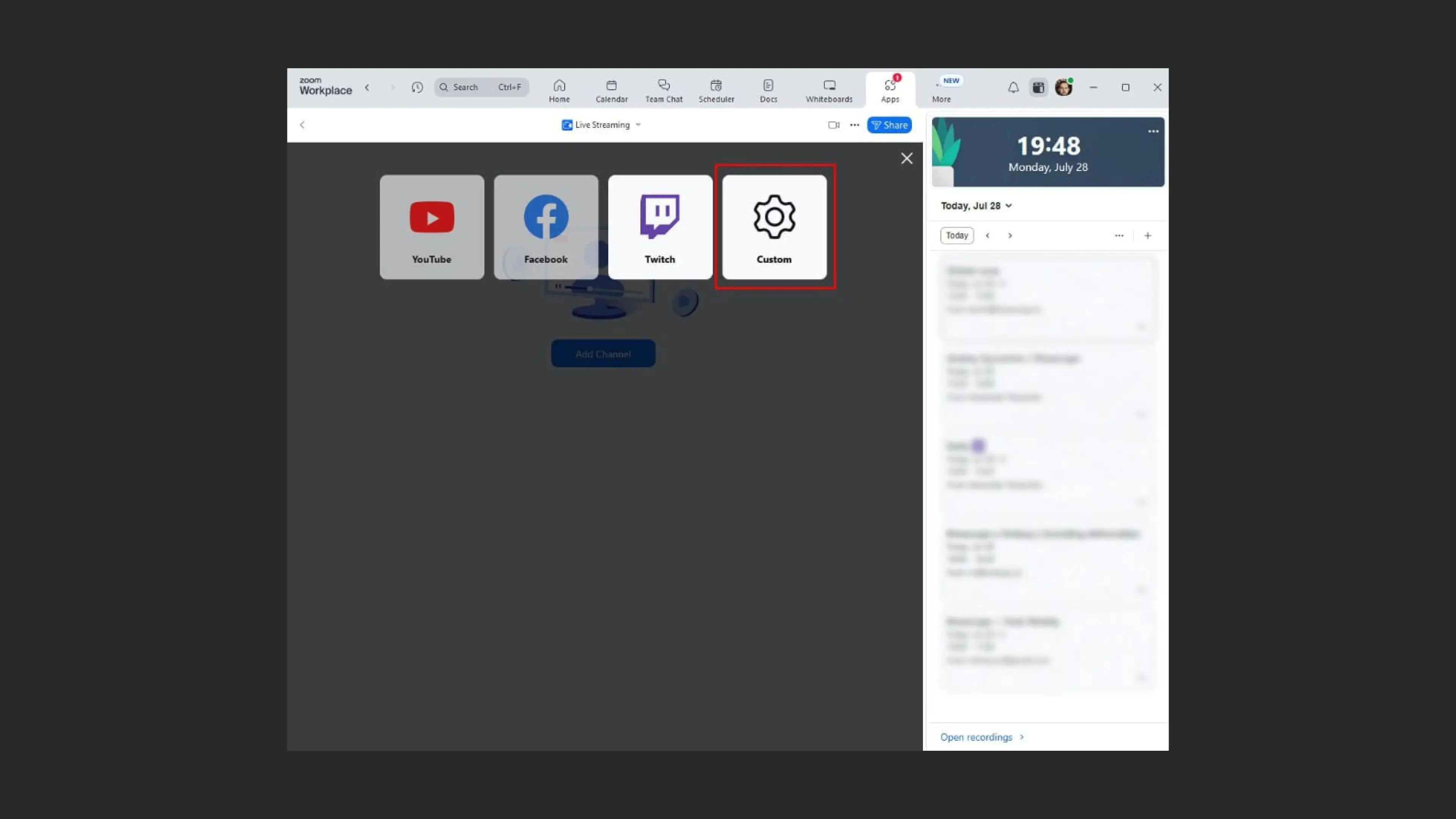 Selecionando Custom para broadcast