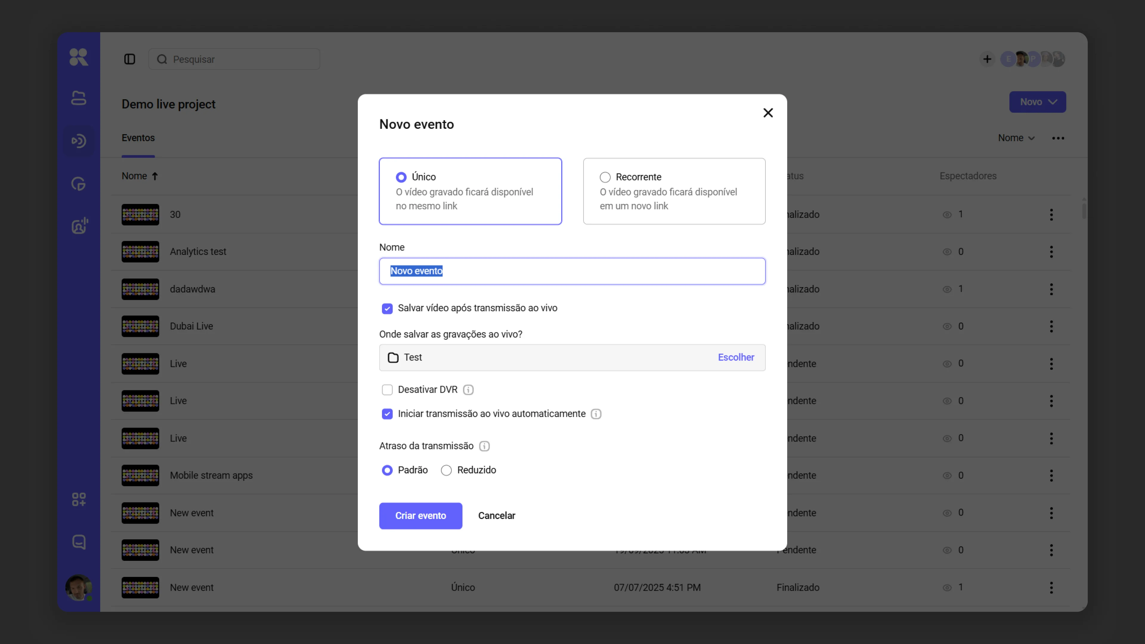 Criando um novo evento de transmissão ao vivo no Kinescope