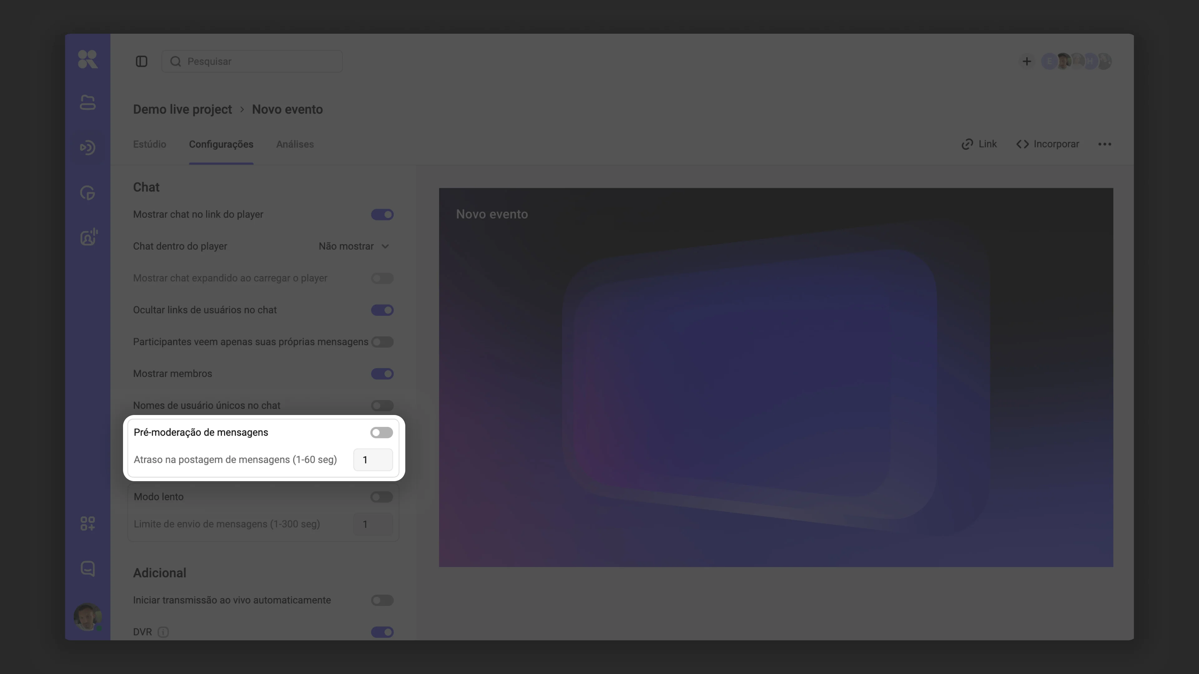 Pré-moderação de mensagens no chat do Kinescope