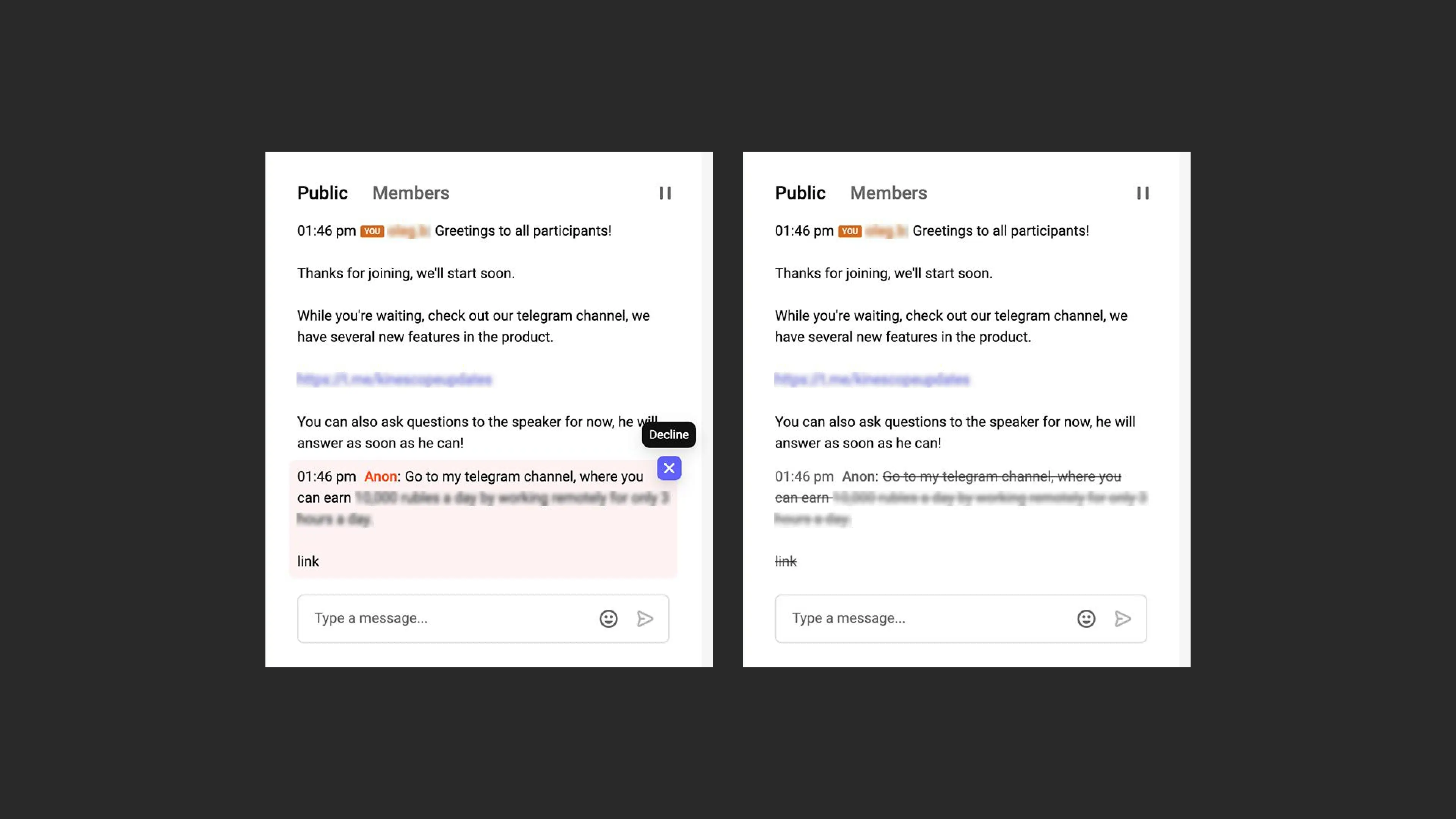 Visão do moderador das mensagens pendentes no chat do Kinescope