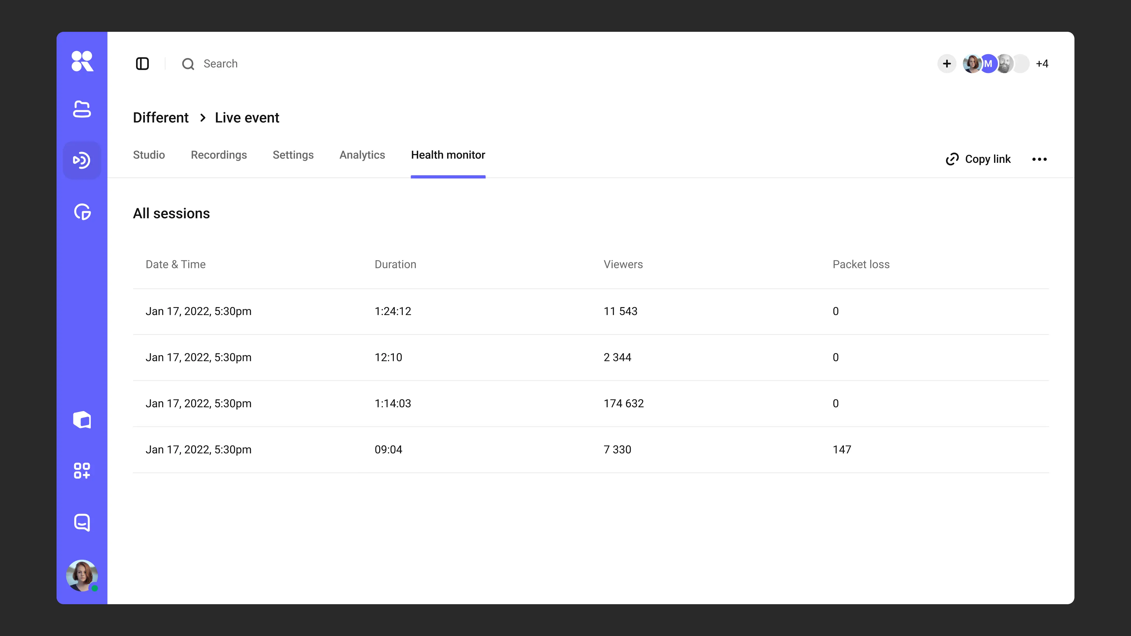 Health Monitor — lista de todas as sessões para transmissões recorrentes