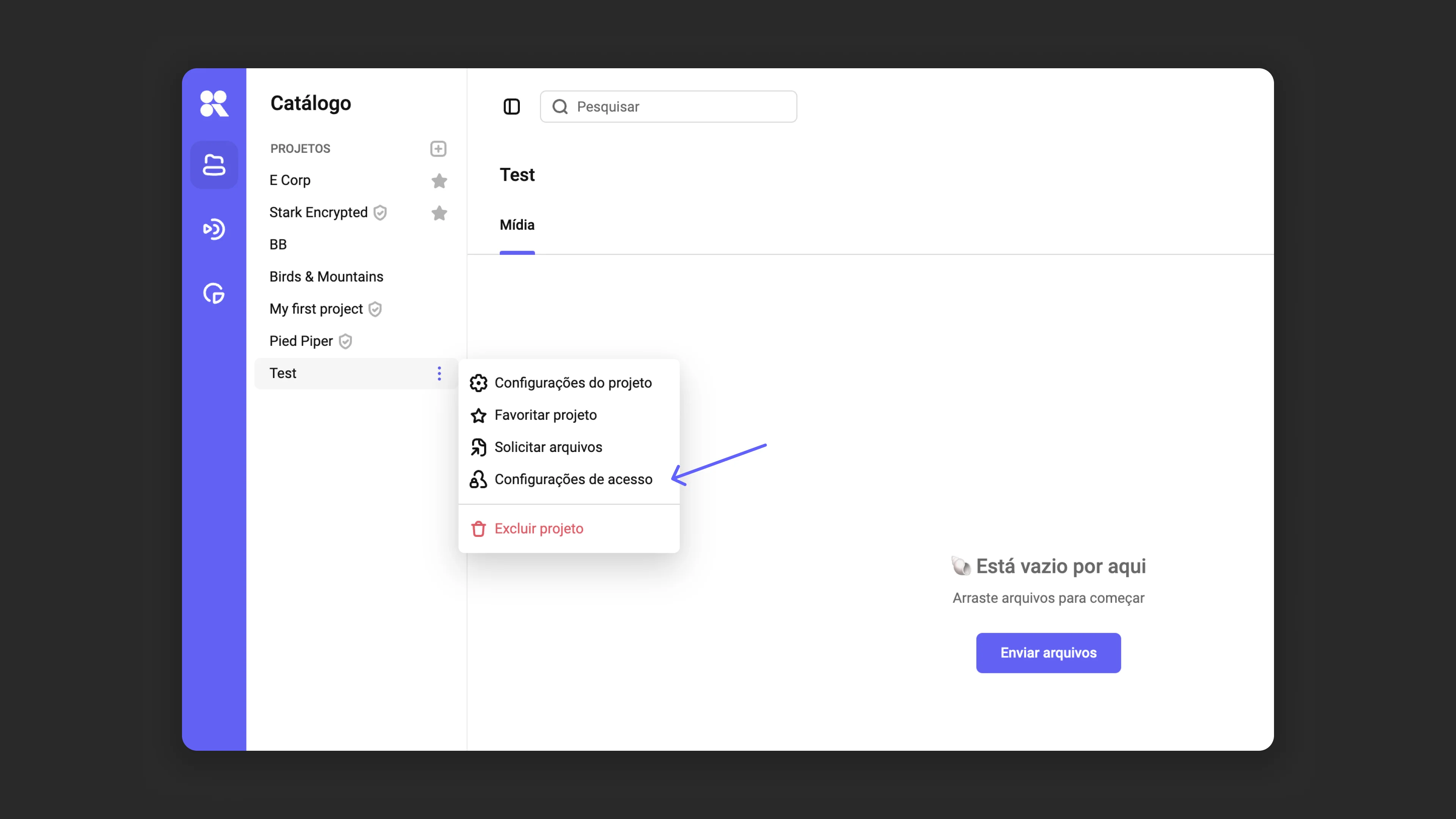 Configurações de acesso ao projeto