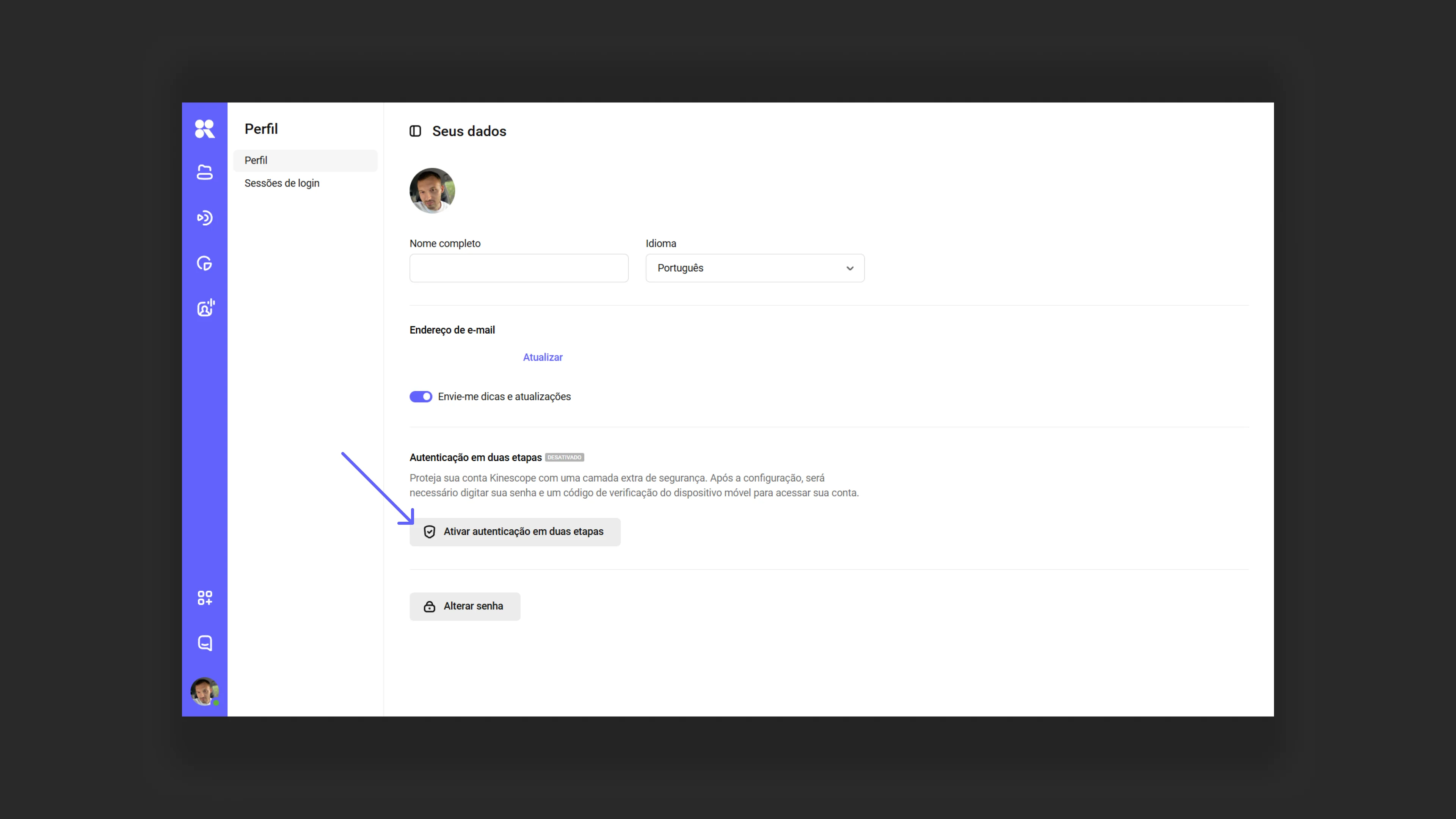Abrindo as configurações de perfil para configuração do 2FA