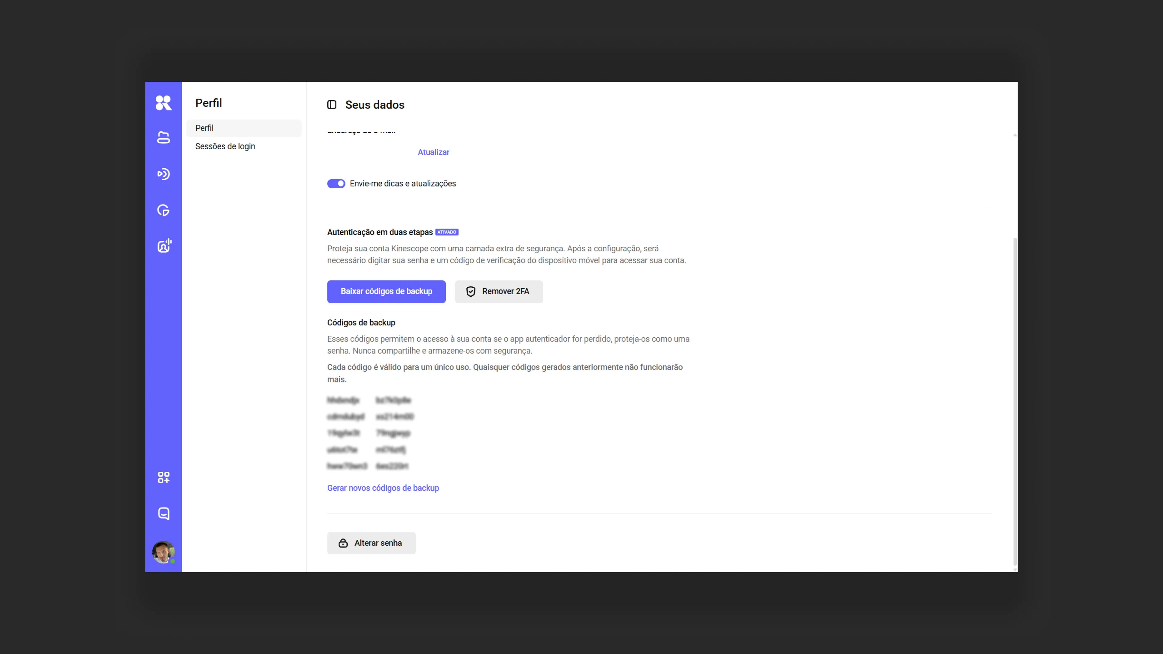Salvando códigos de backup para 2FA