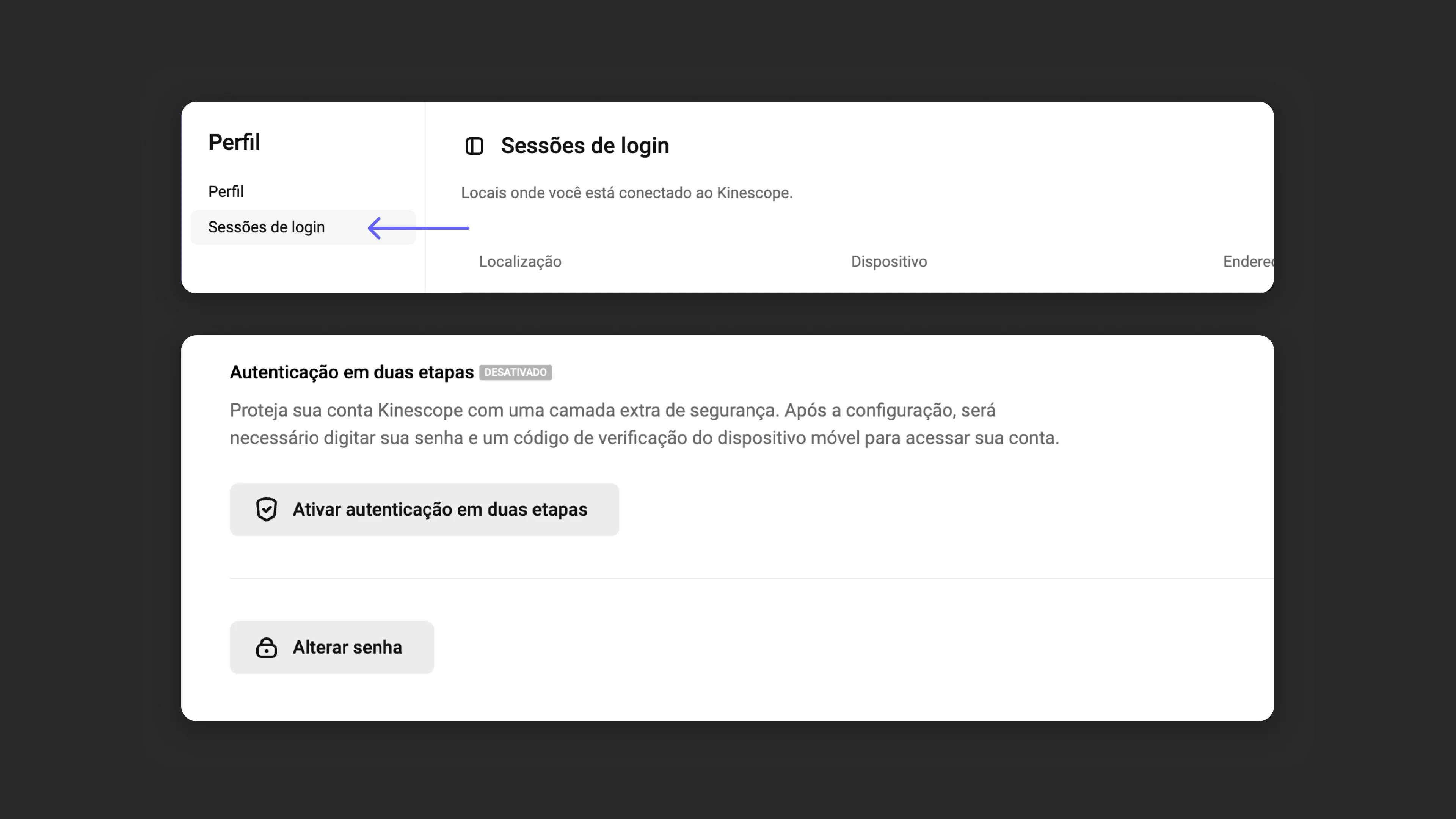 Configurações de segurança do perfil