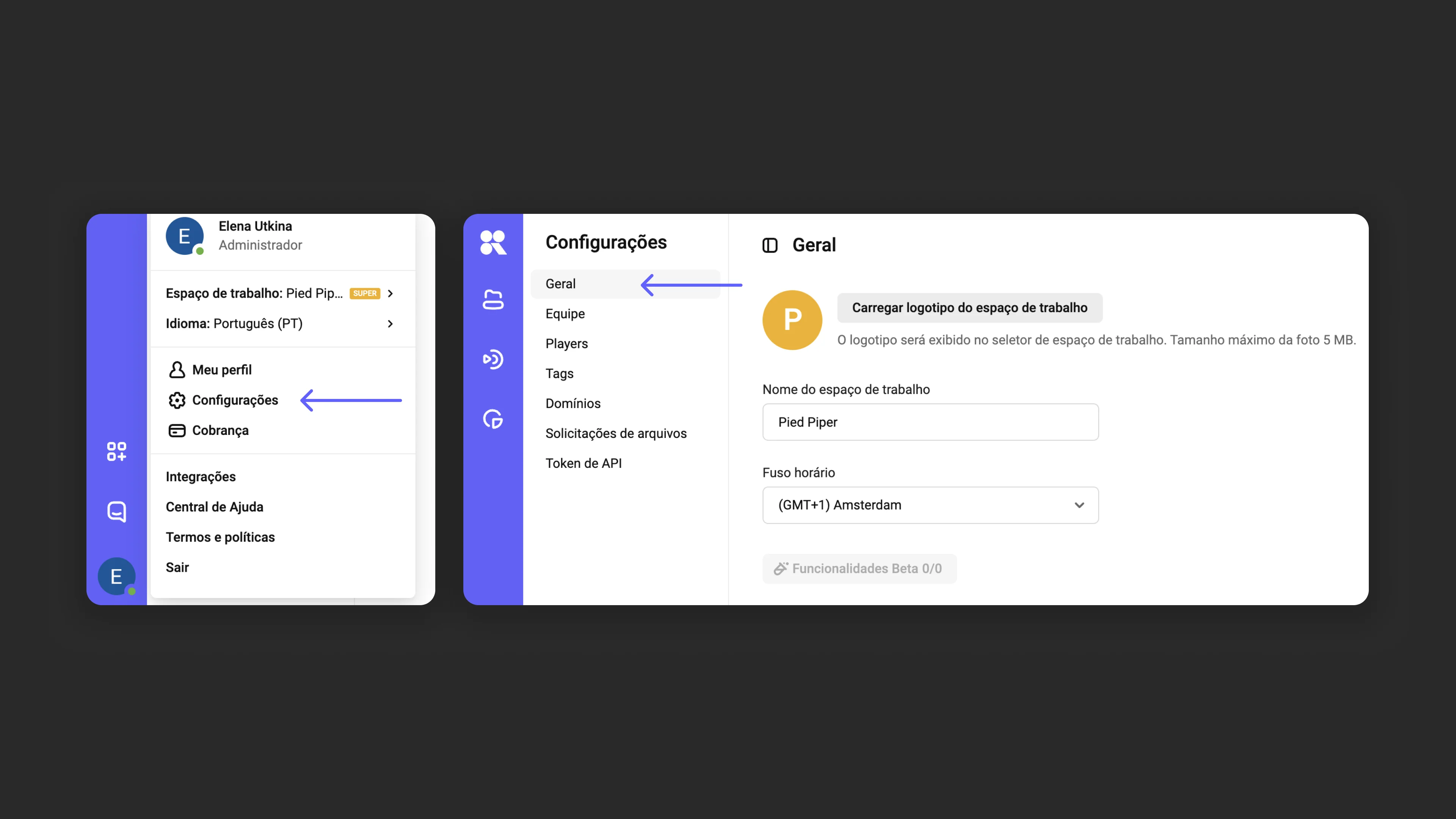 Configurações do workspace