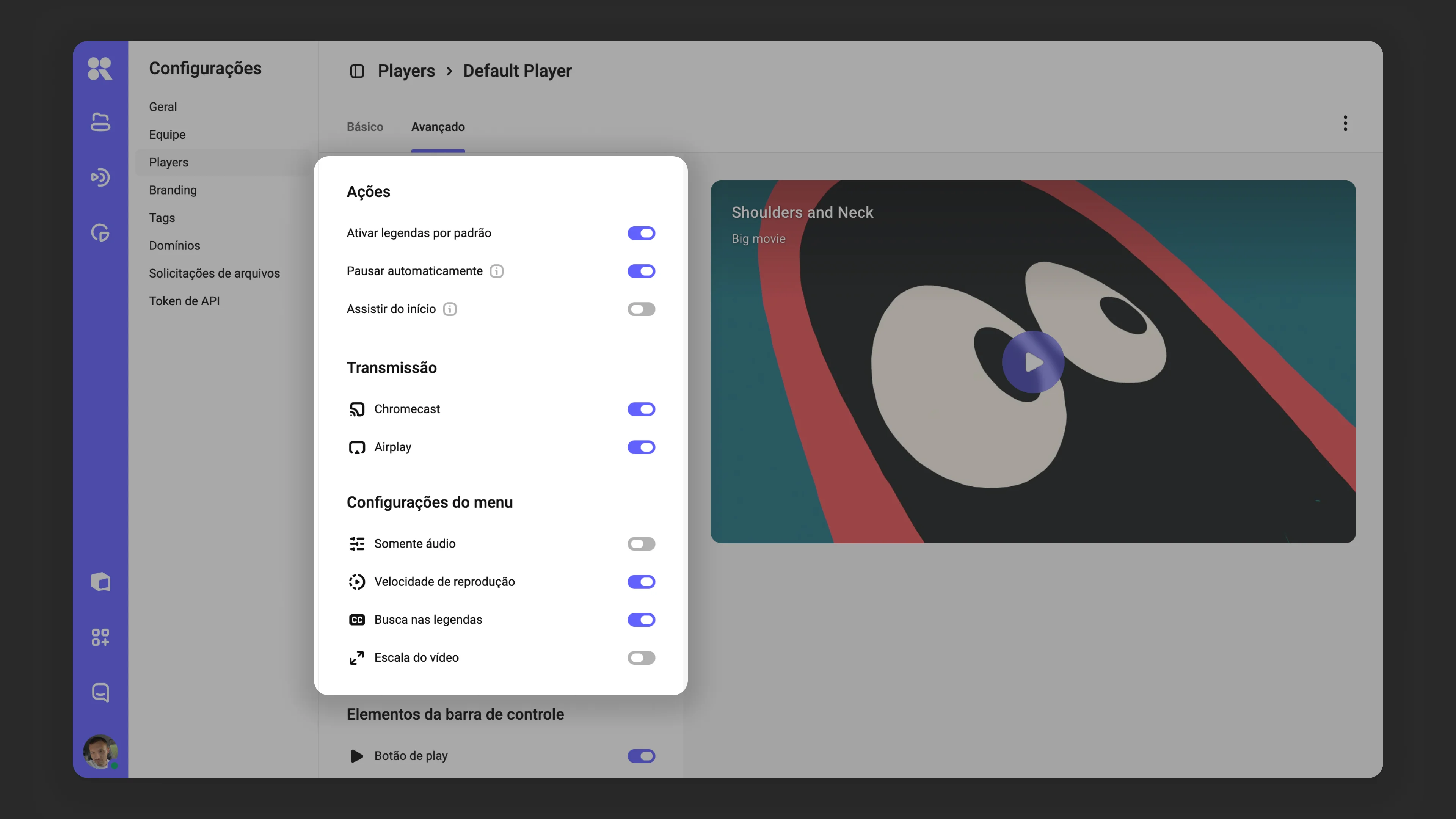 Interface de configurações avançadas do player