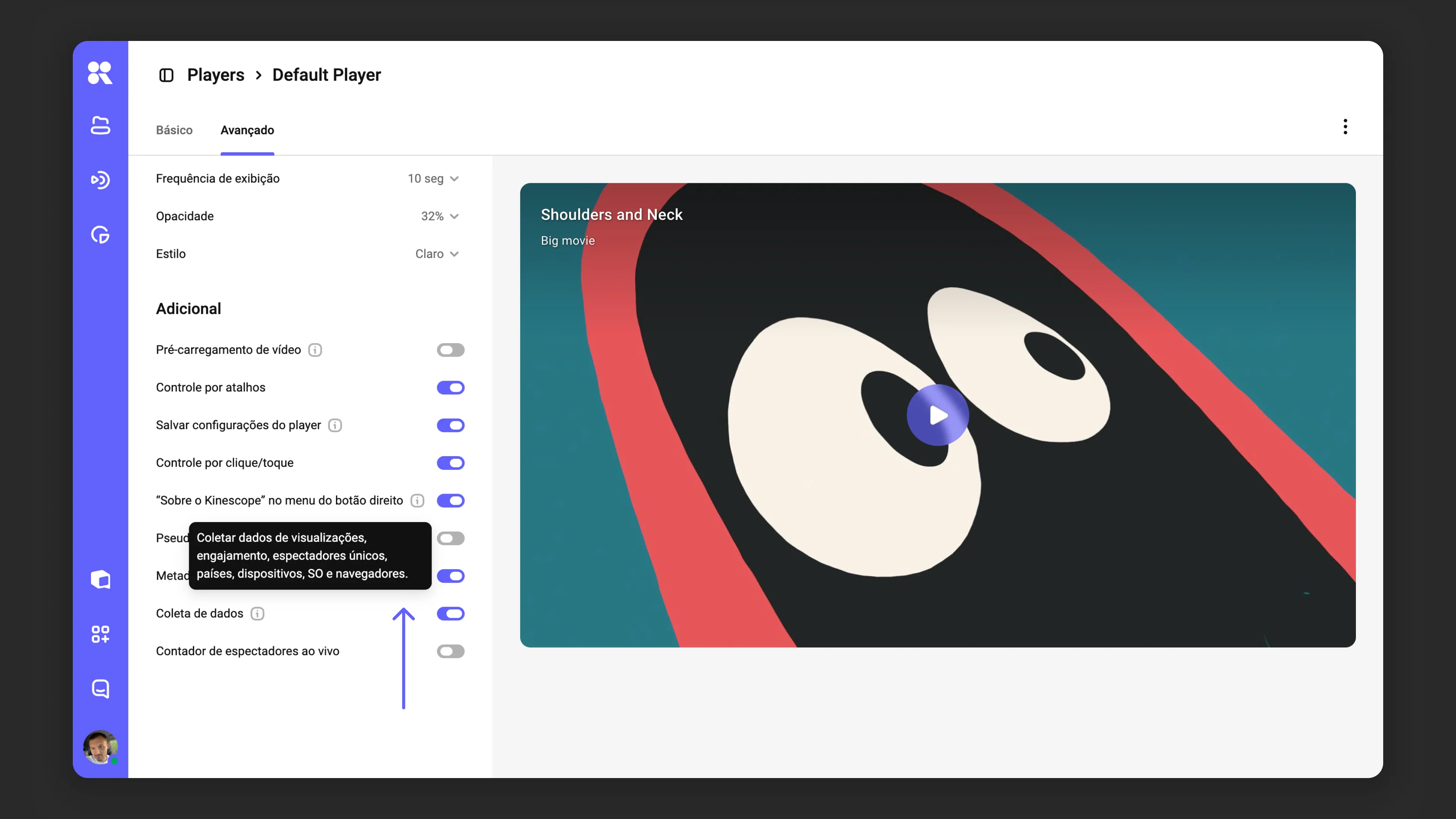Configurações de analytics e otimização de SEO do player