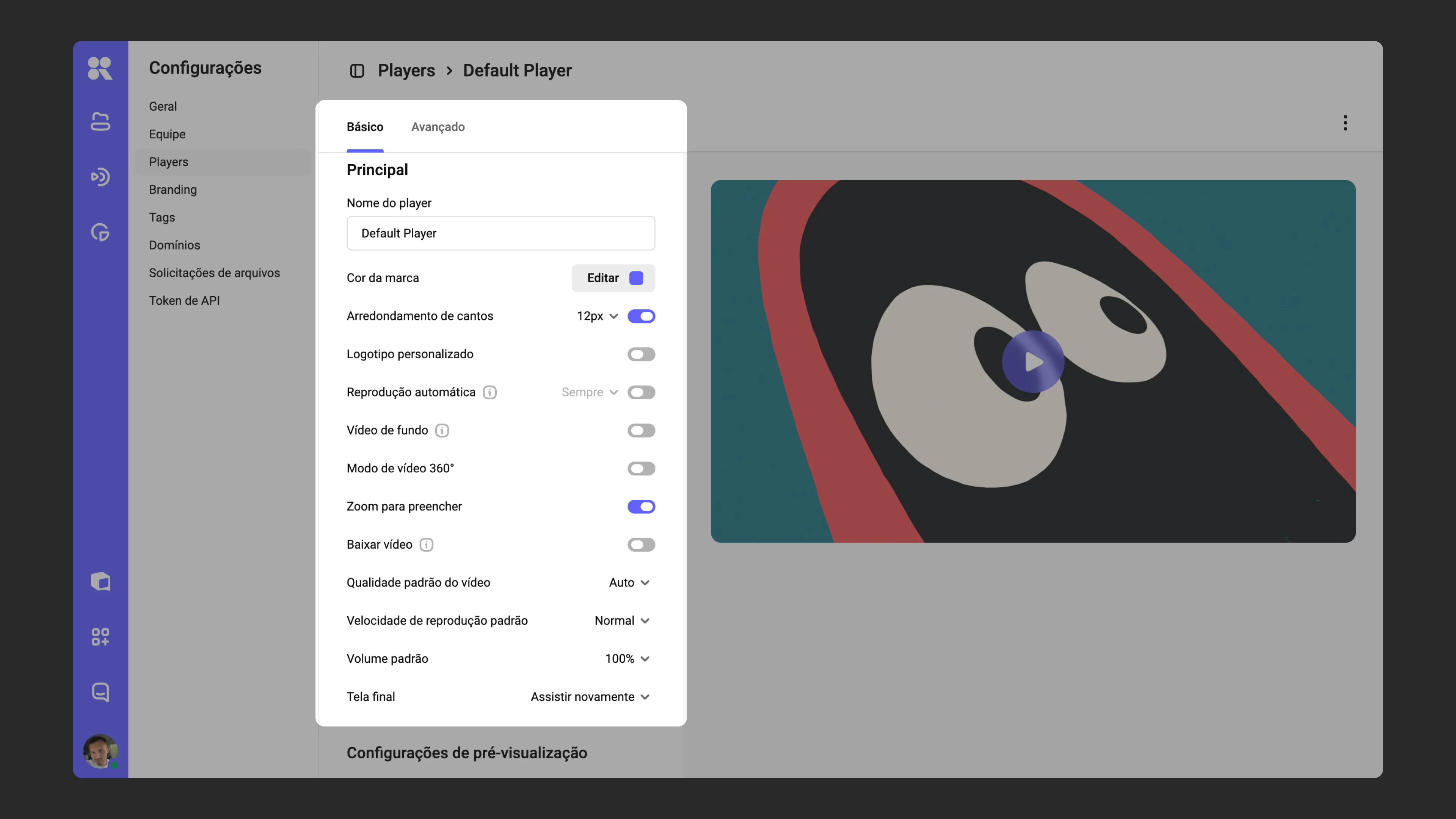 Interface de configurações básicas do player