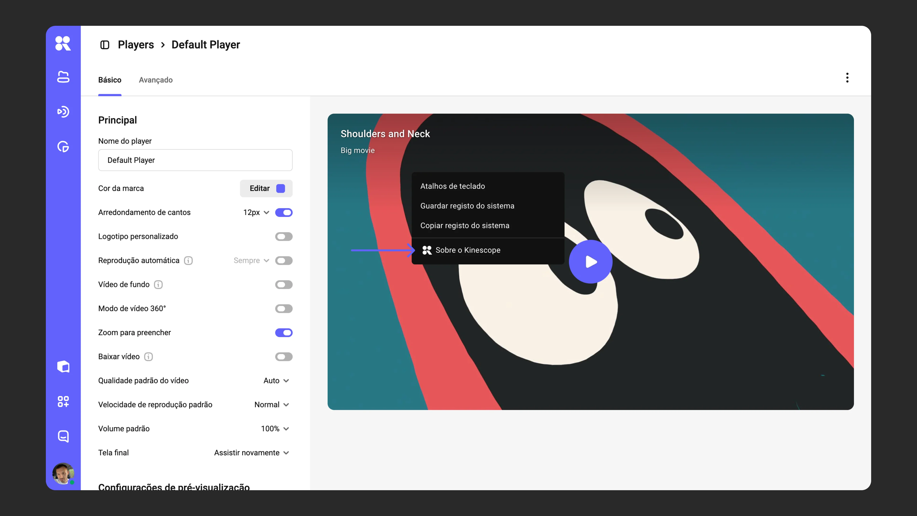 Exemplo de configurações do menu de contexto e modo pseudo-tela cheia