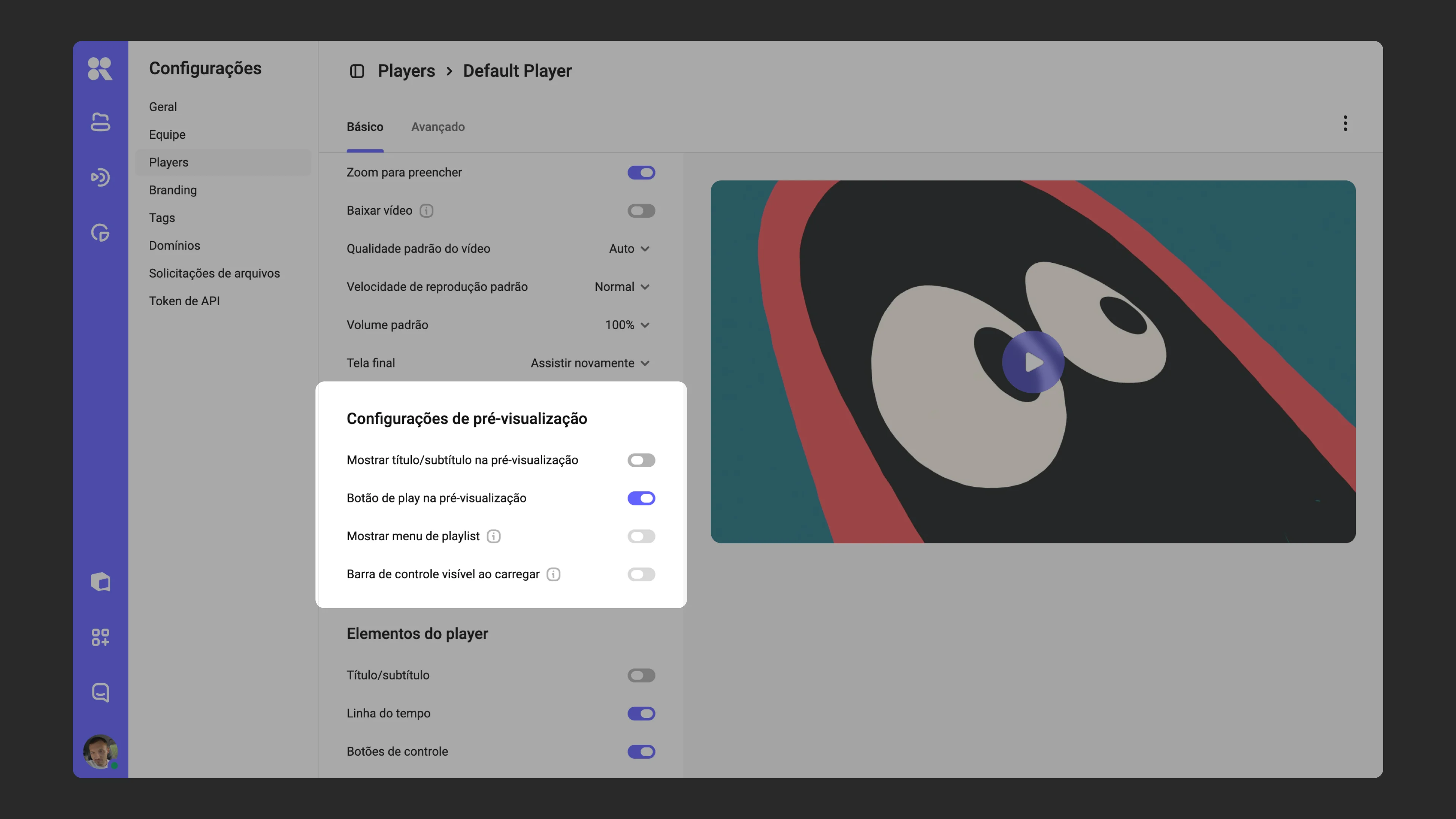 Configurações de exibição de elementos do player antes da reprodução