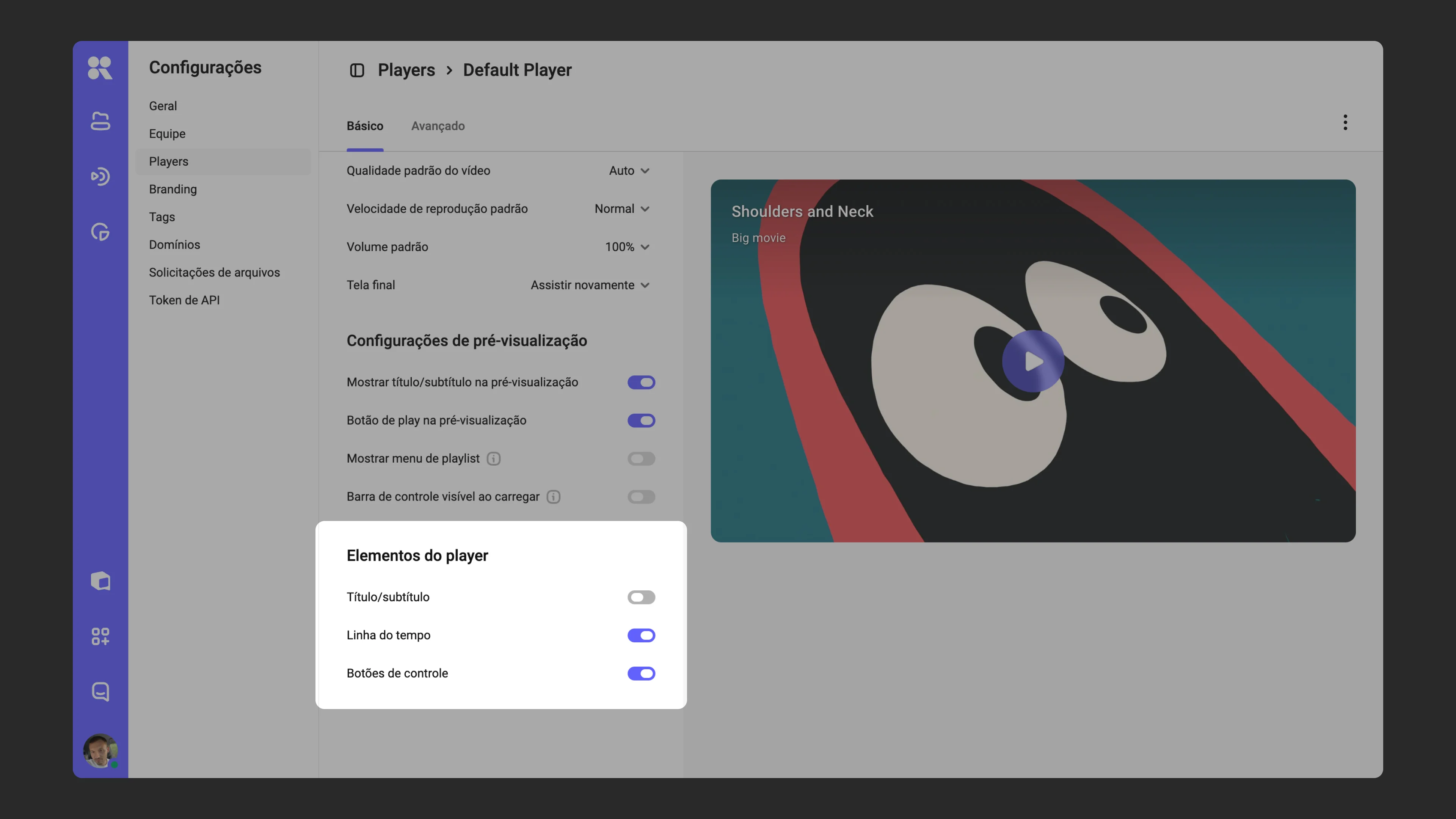 Configurações de exibição de elementos do player durante a reprodução