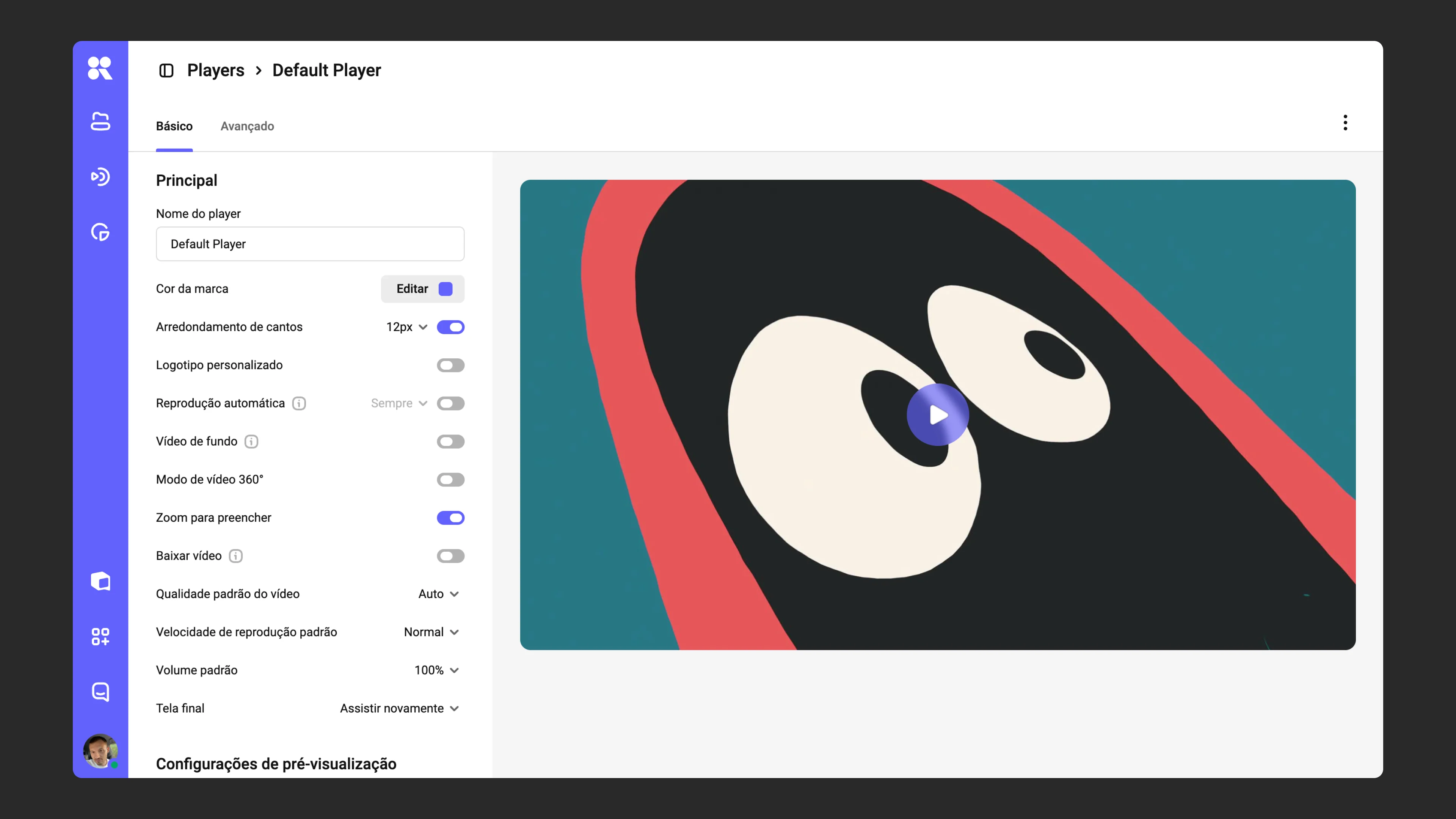 Interface de configurações do player com preview