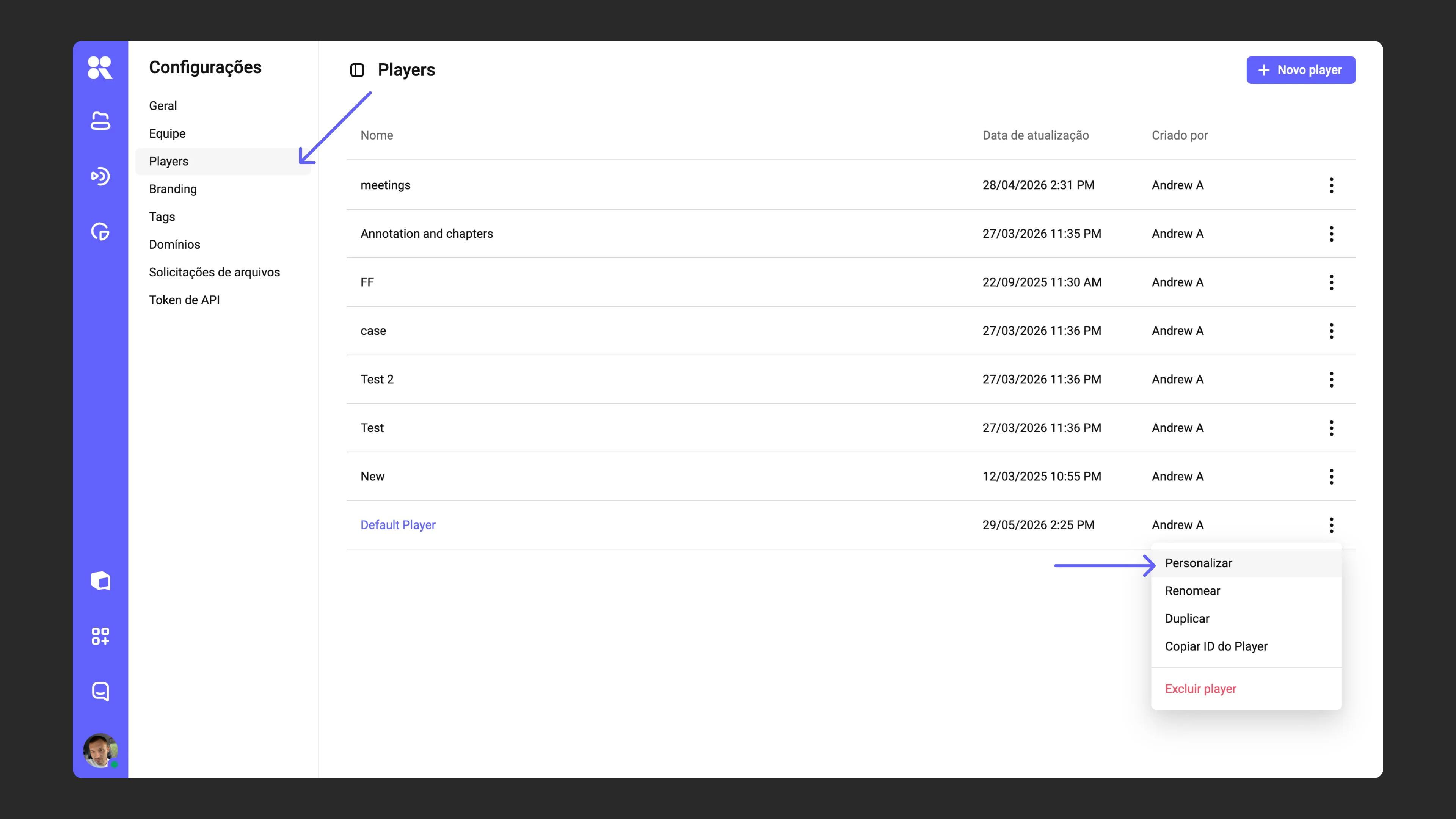 Gerenciador de templates de player