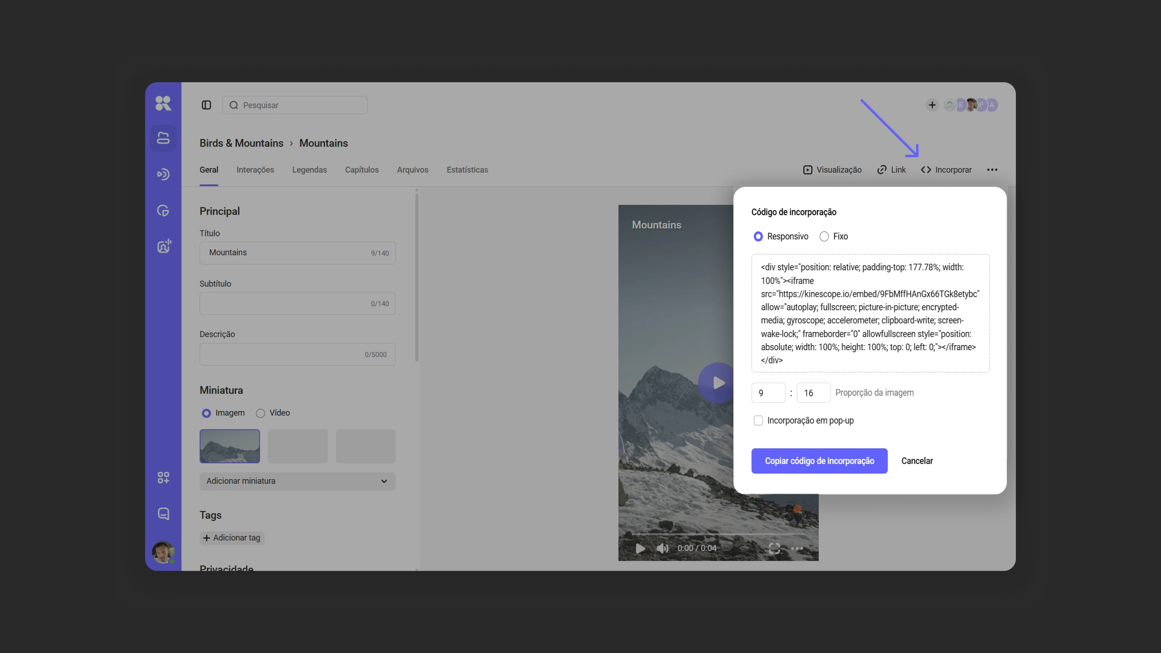 Janela de seleção do tipo de código nas configurações do vídeo
