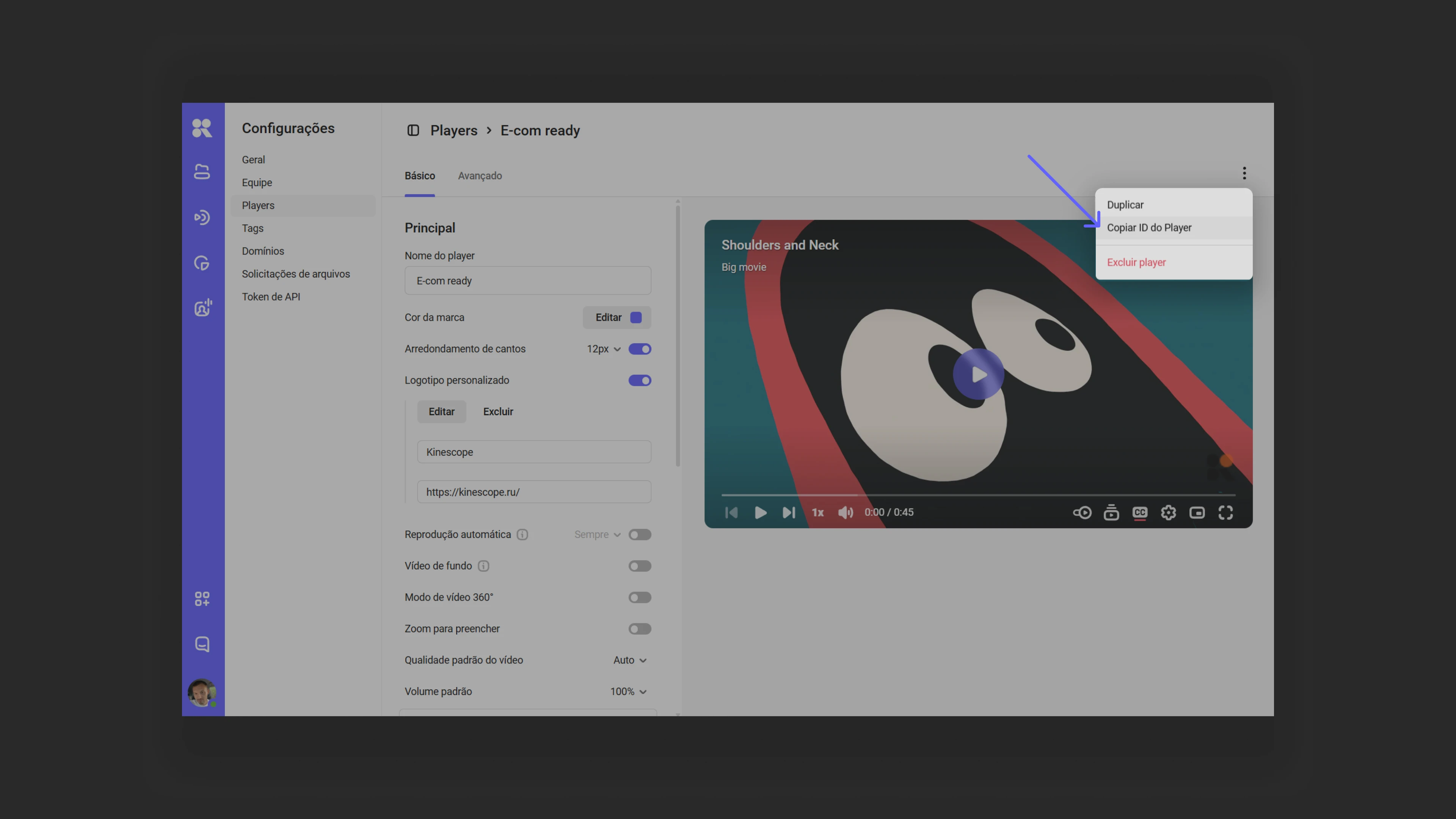 Copiando o ID do template de player do menu